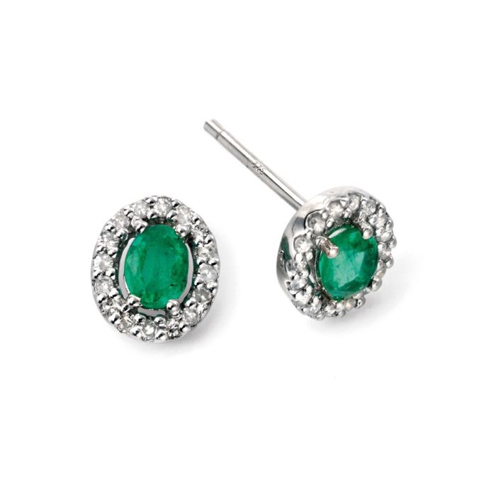 9ct White gold Emerald oval cut and diamond cluster stud earrings.