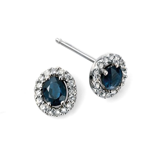 9ct White gold Sapphire oval cut and diamond cluster stud earrings.