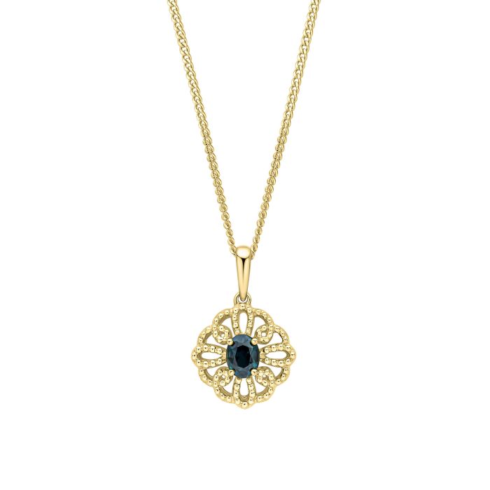 9ct Yellow gold Sapphire Oval cut ornate pendant