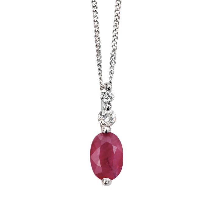 9ct White gold oval Ruby and 2 Diamond Pendant