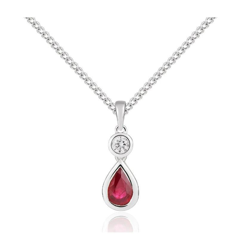 18ct White Gold Pear Shaped Ruby and Brilliant Cut Diamond Drop Bezel Set Pendant.