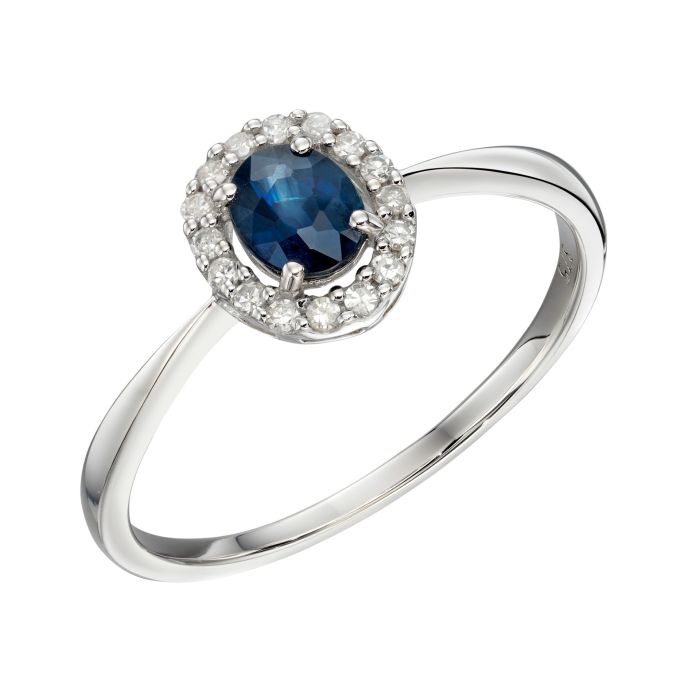 9ct White gold Oval Sapphire and Diamond cluster ring