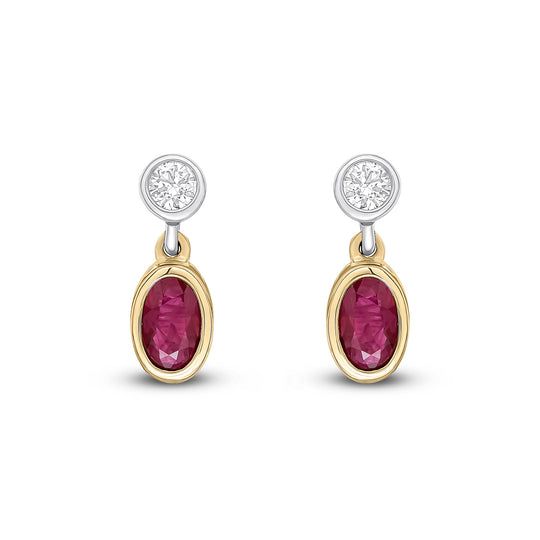 18ct Yellow Gold Oval Ruby & Round Diamond Two Stone Earrings 5x3mm