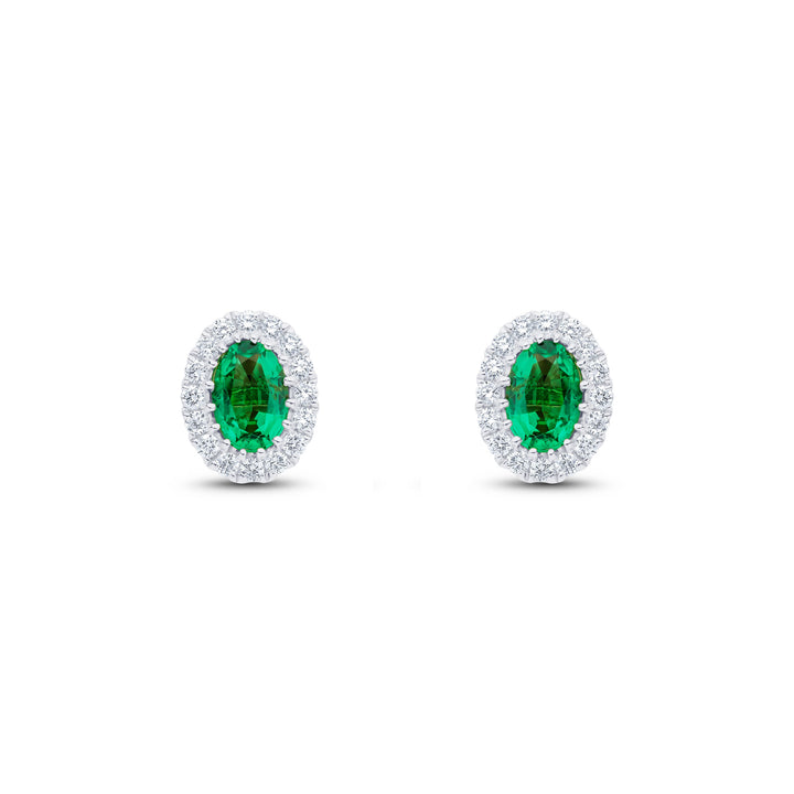 18ct White Gold Oval Emerald & Diamond Cluster Earrings