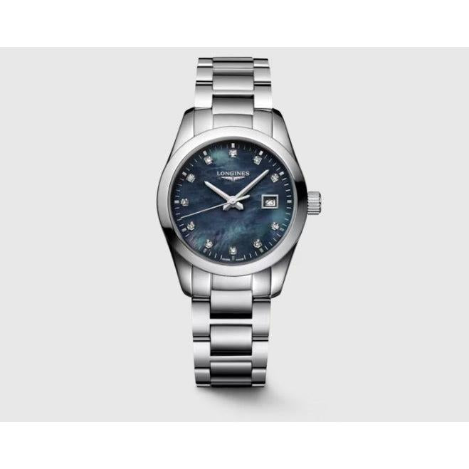 Longines Conquest Classic Black Mother of Pearl Dial Diamond Dot Quartz Watch.