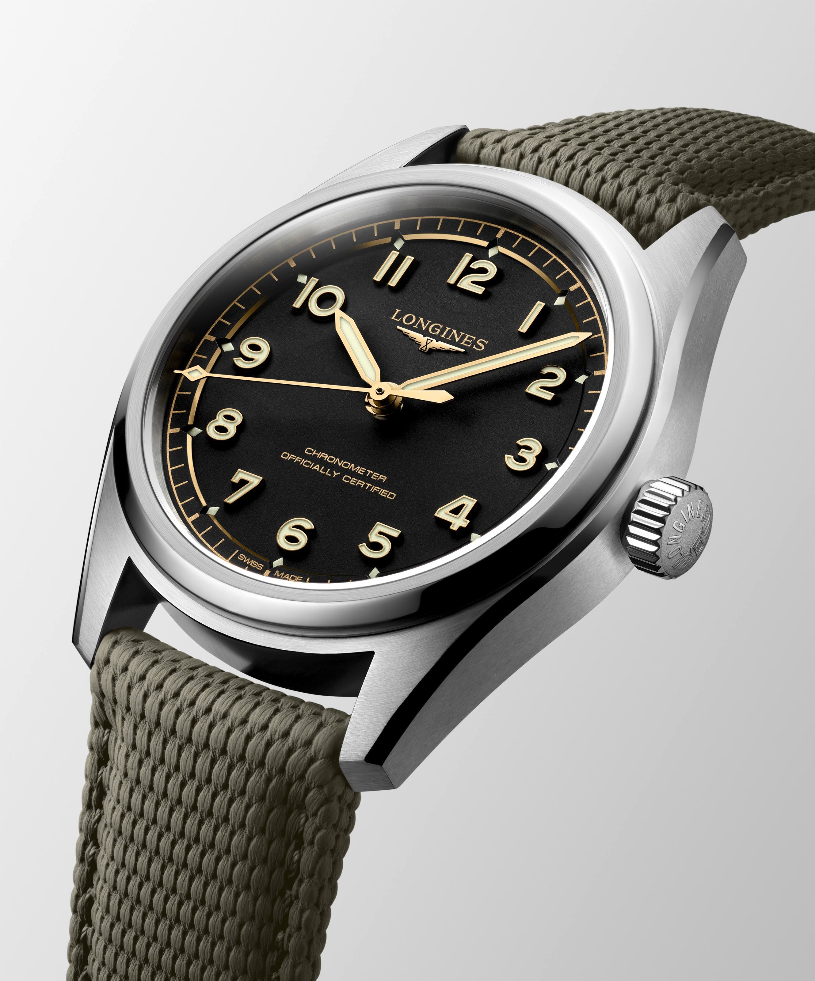 Spirit Pilot COSC Chronometer Automatic Watch. Black Dial Green Strap.