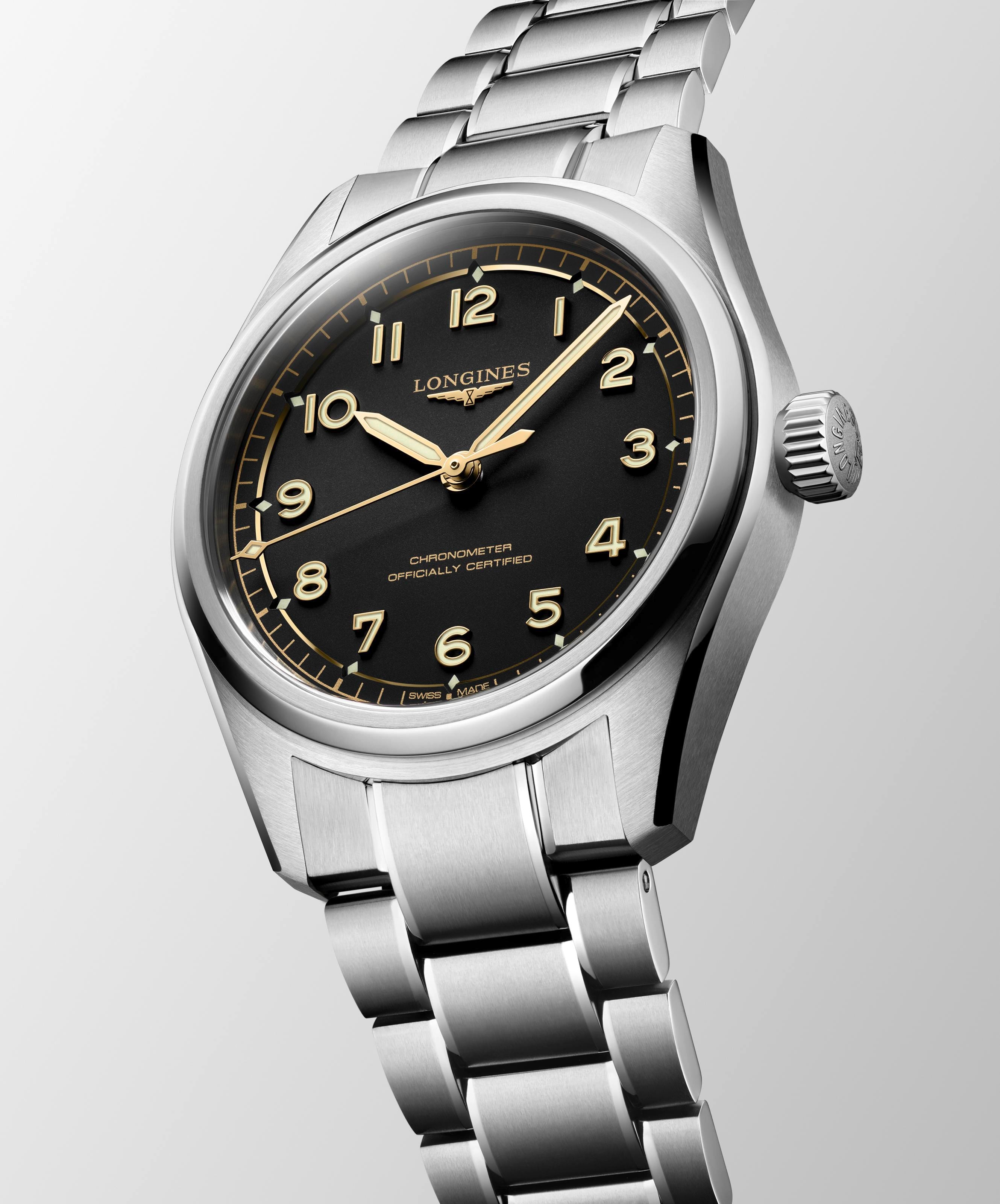 Spirit Pilot COSC Chronometer Automatic Watch. Black Dial Stainless Steel Bracelet.