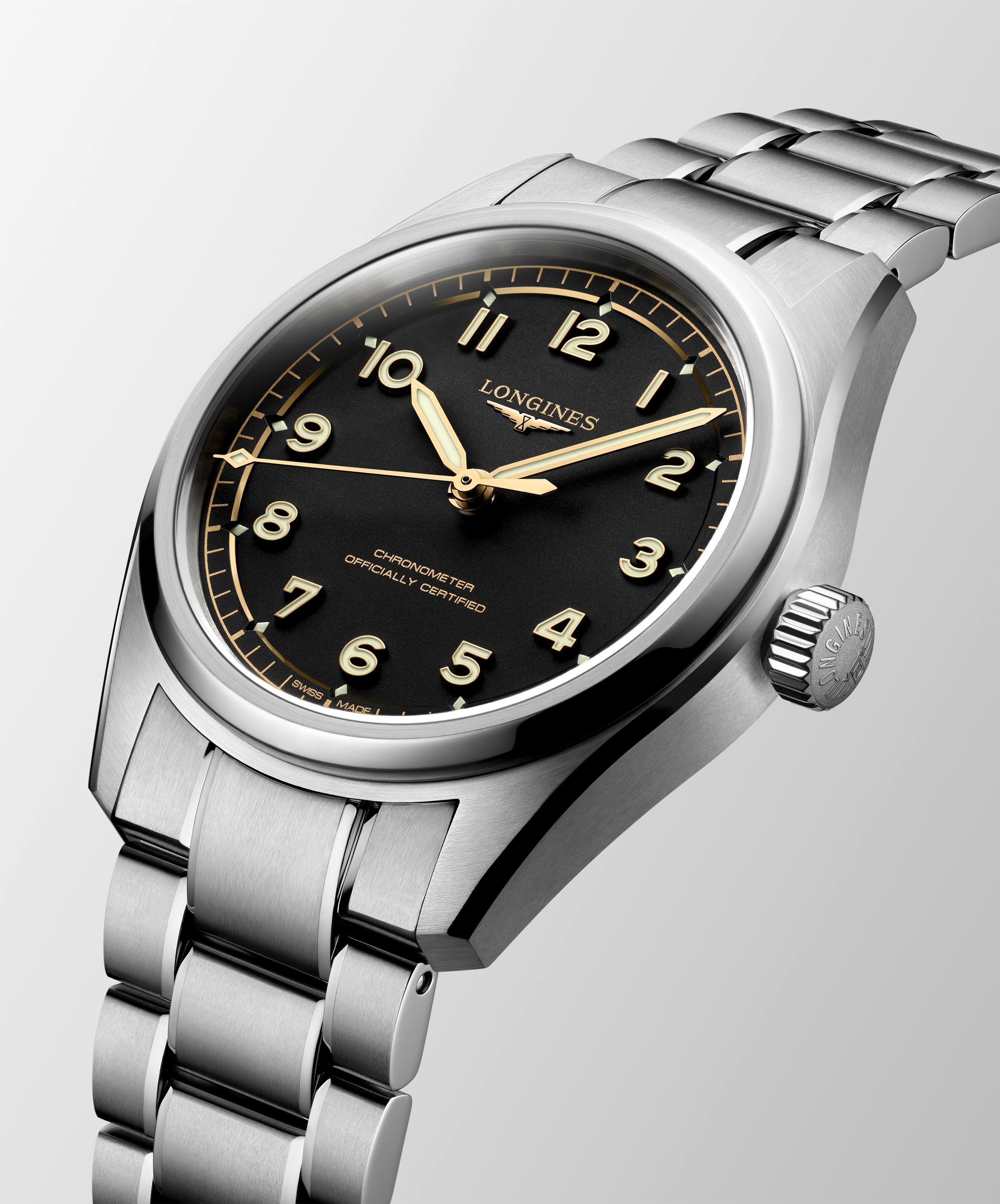 Spirit Pilot COSC Chronometer Automatic Watch. Black Dial Stainless Steel Bracelet.