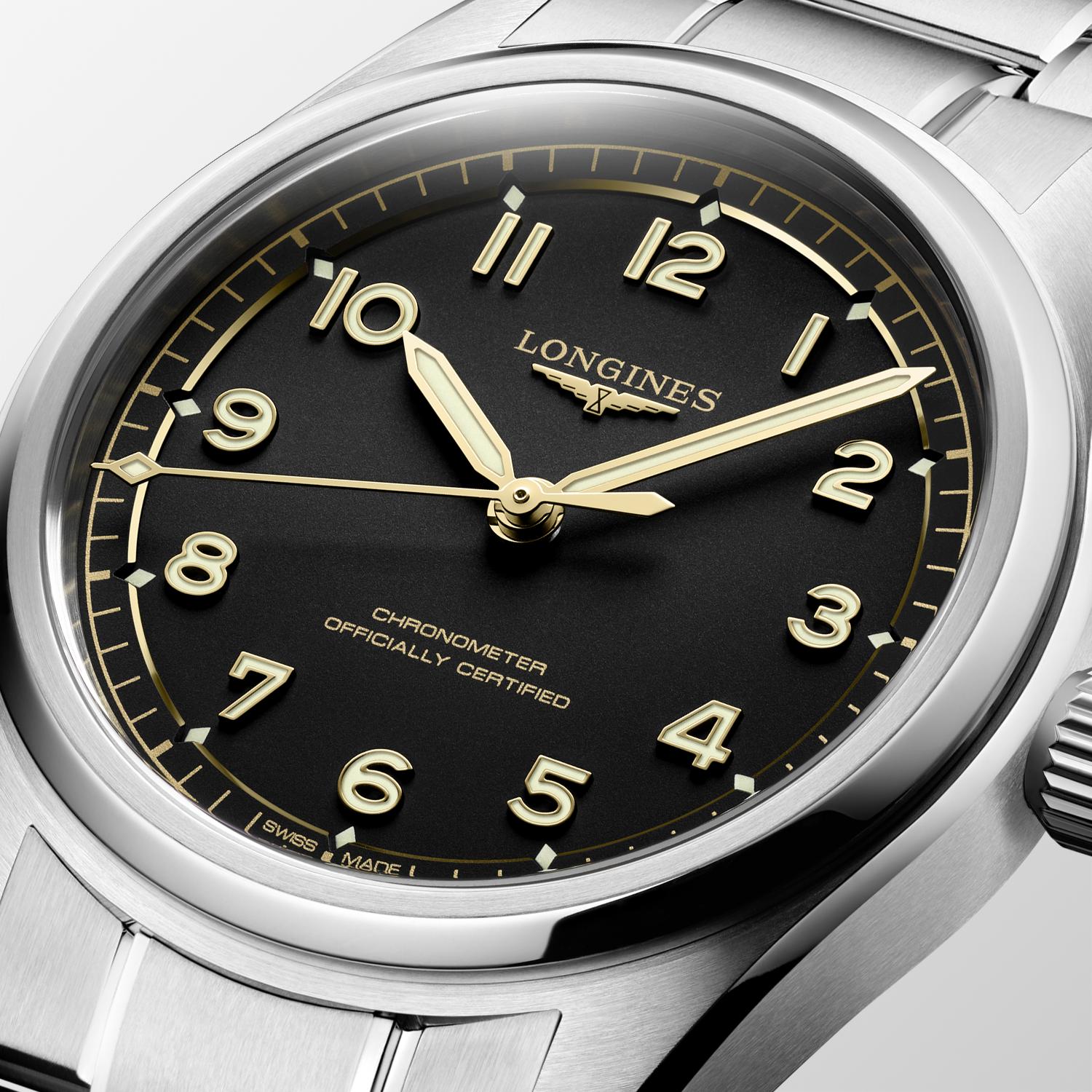 Spirit Pilot COSC Chronometer Automatic Watch. Black Dial Stainless Steel Bracelet.