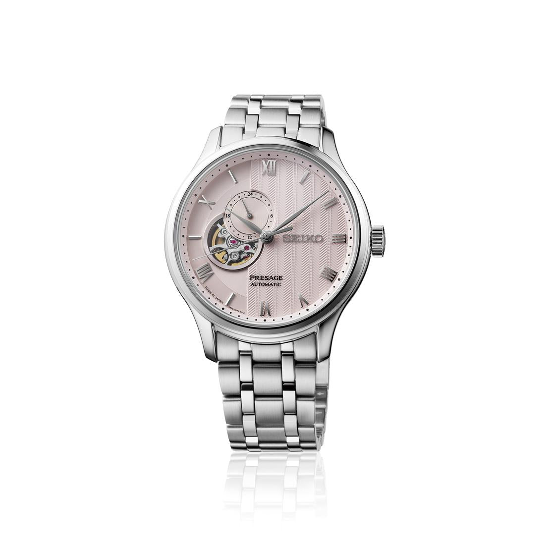 Seiko Presage Japanese Garden Automatic Watch with Open Heart. Pink Dial Stainless Steel Bracelet.
