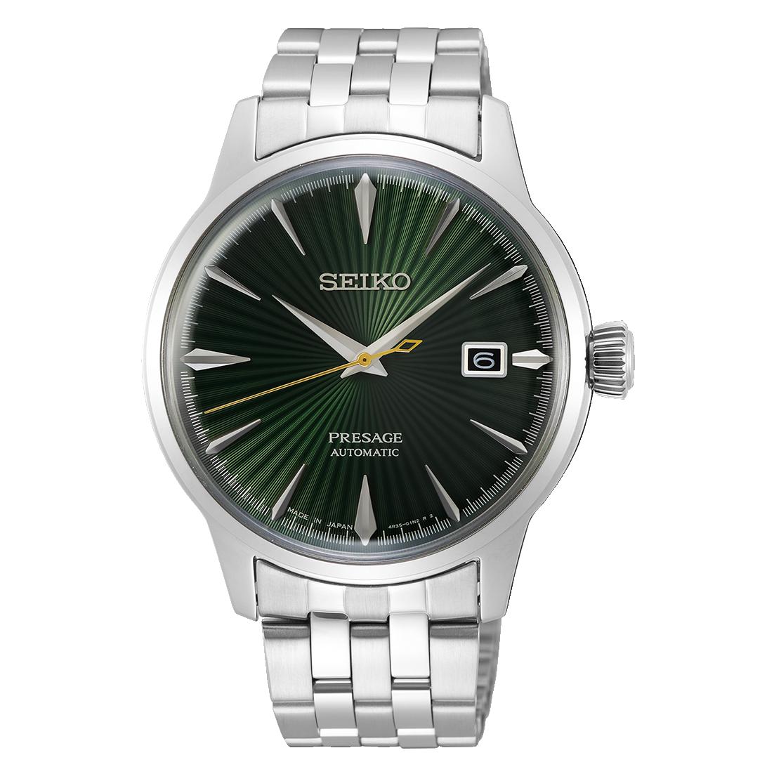 Seiko Presage Mockingbird Automatic Watch. Green Dial Stainless Steel Bracelet.
