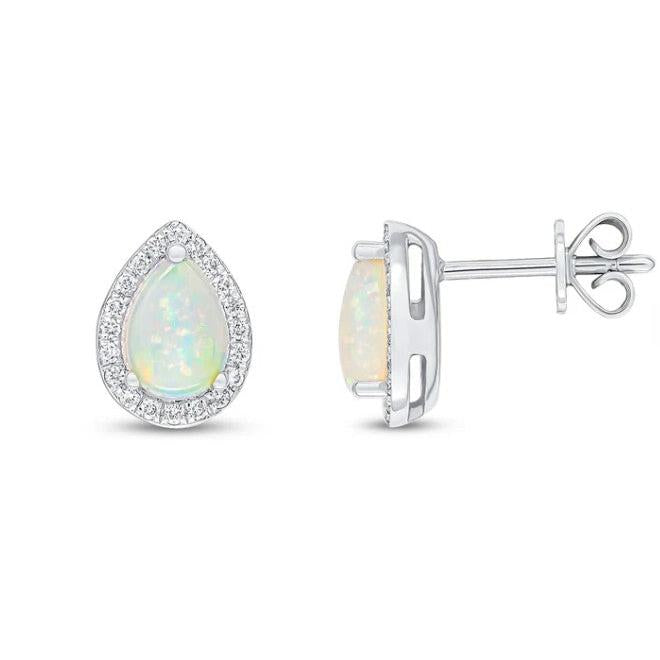 18ct White Gold Opal and Diamond Pear Shape Cluster Earrings