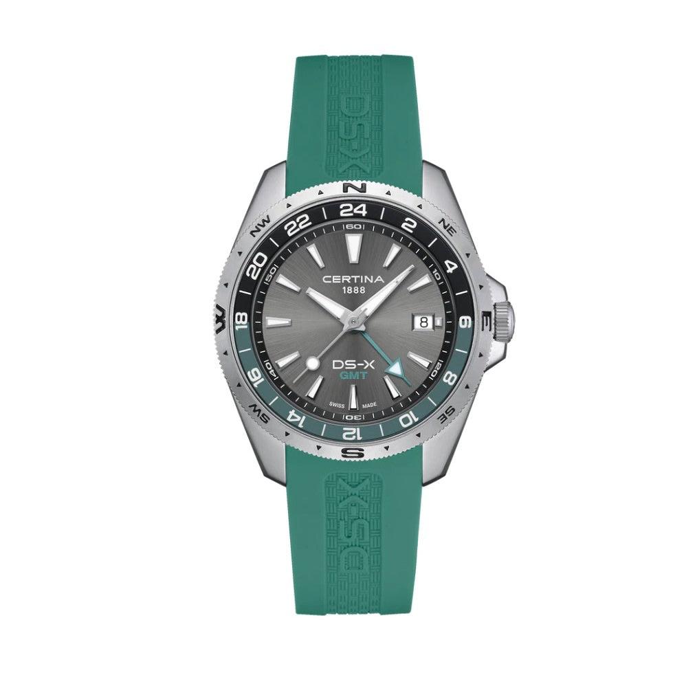 Certina DS-X GMT Quartz Watch. Grey Dial Green Rubber Strap