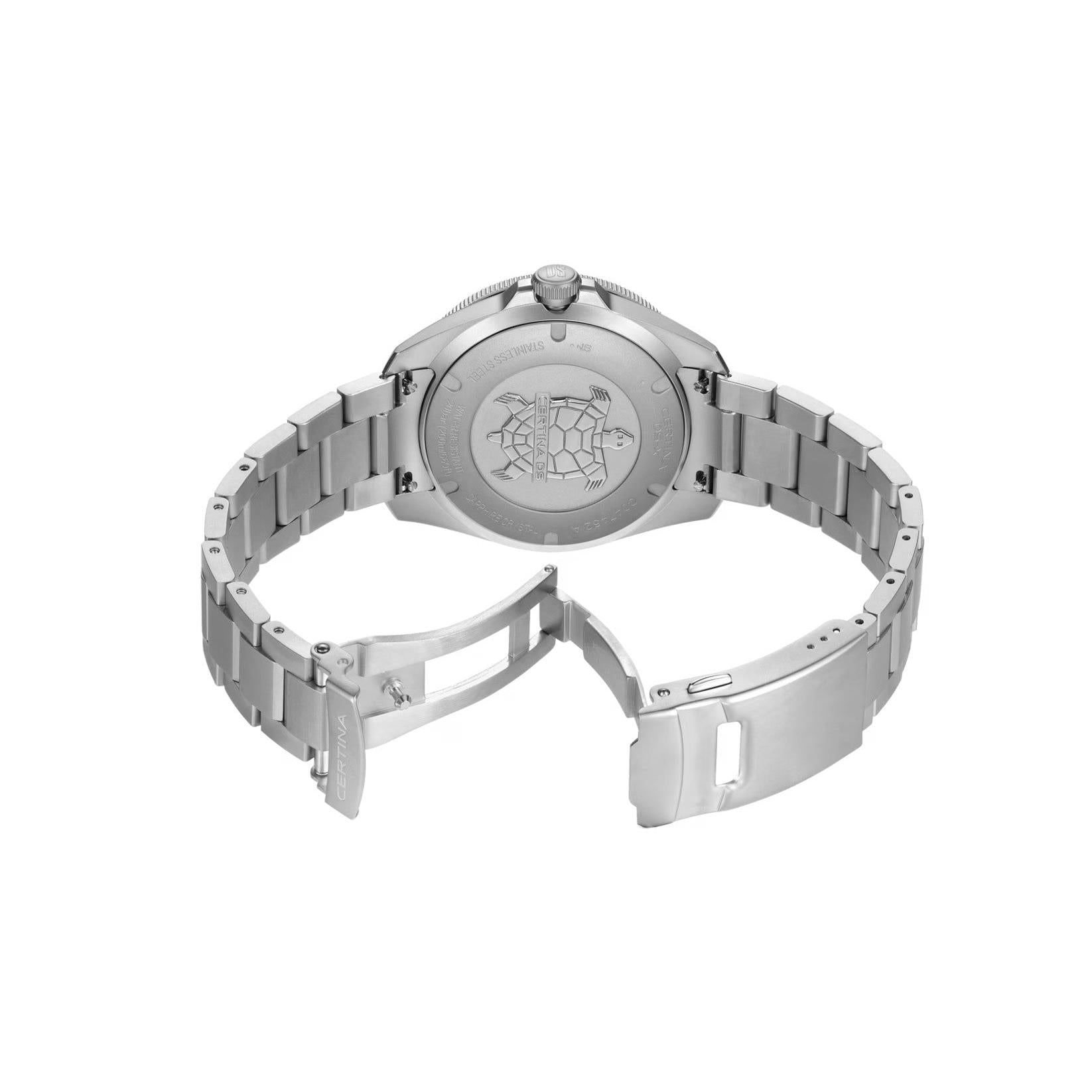 Certina DS-X GMT Quartz Watch. Grey Dial, Black and Red Bezel, Stainless Steel Bracelet.