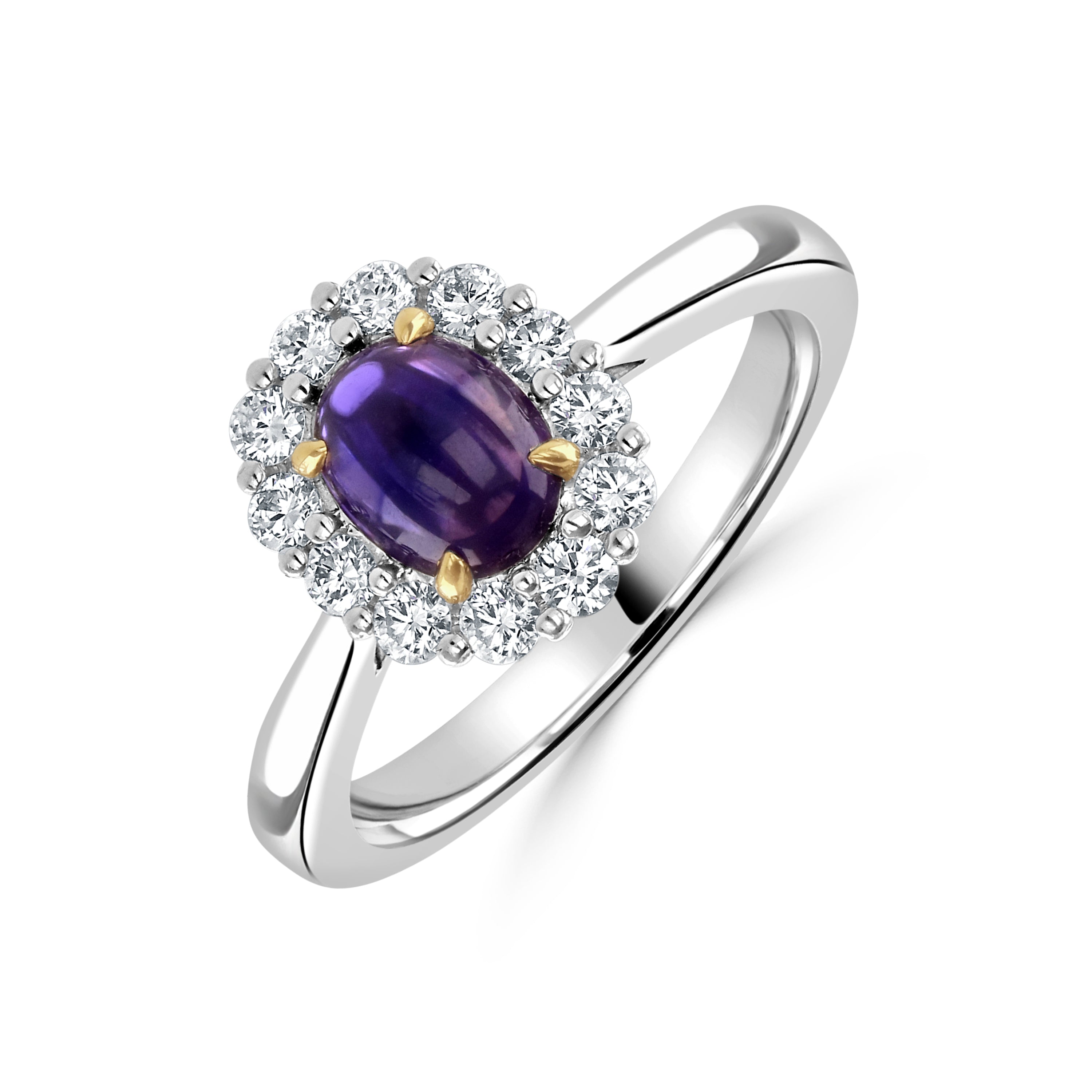18ct White Gold Cabochan Purple Sapphire & Diamond Halo Cluster Ring