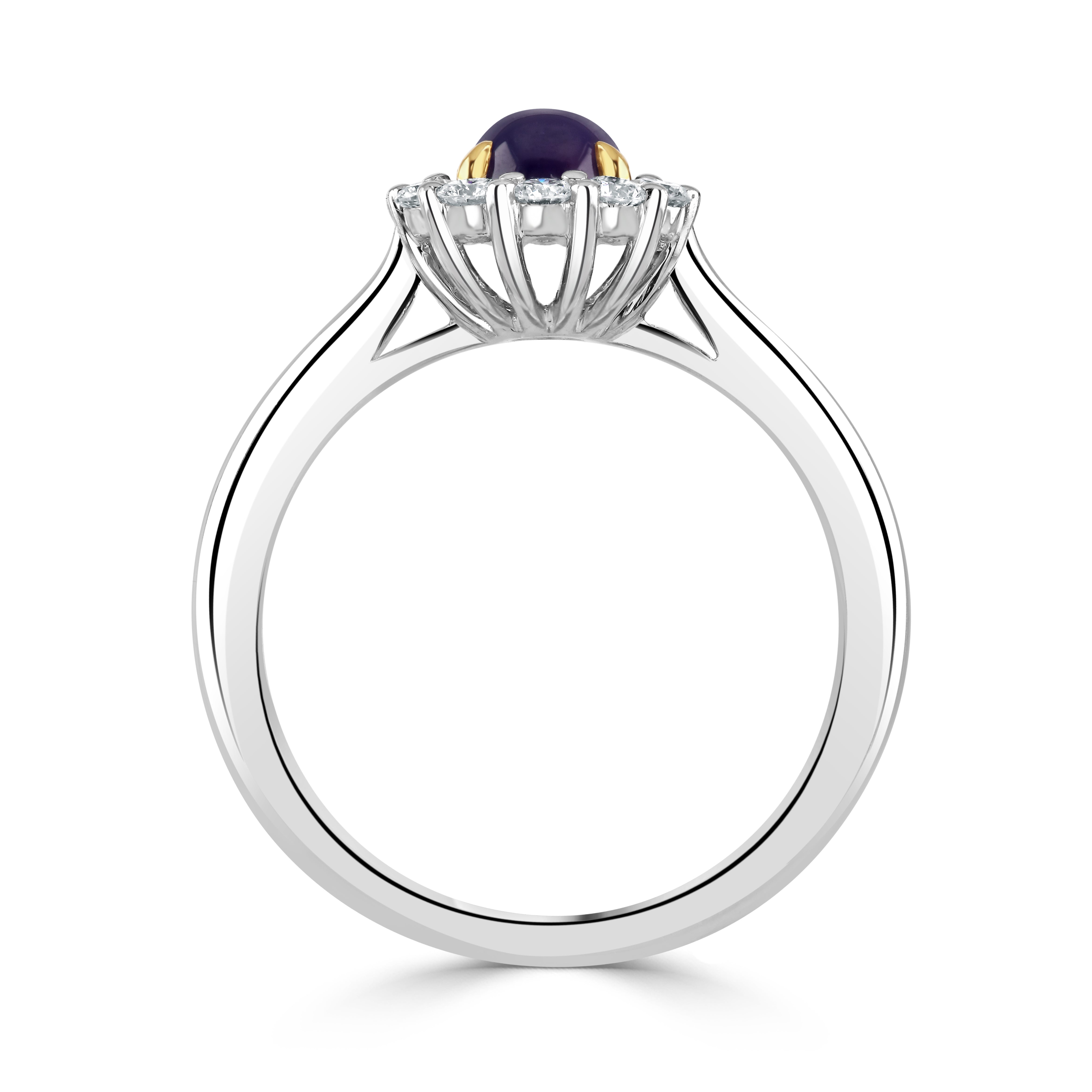 18ct White Gold Cabochan Purple Sapphire & Diamond Halo Cluster Ring