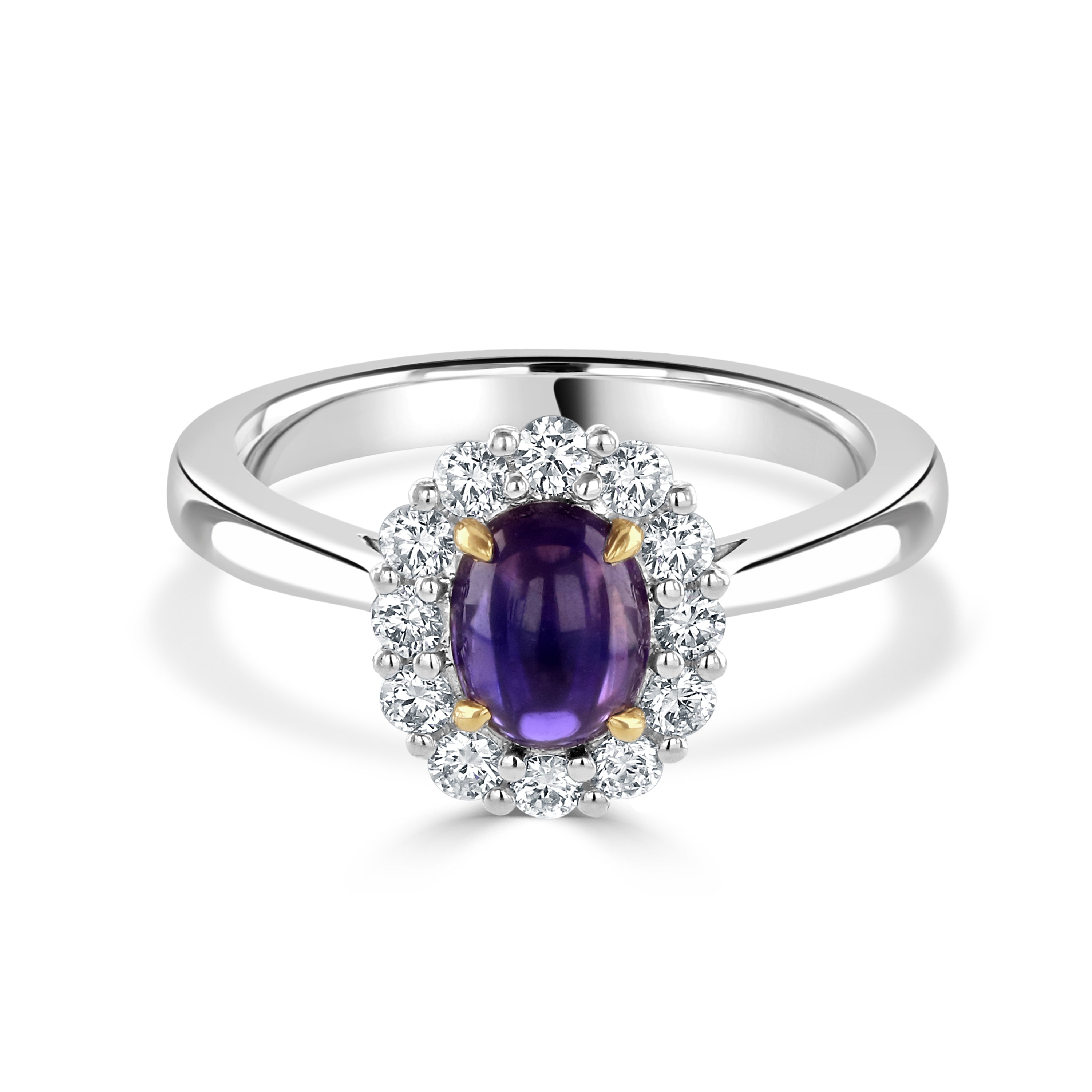 18ct White Gold Cabochan Purple Sapphire & Diamond Halo Cluster Ring