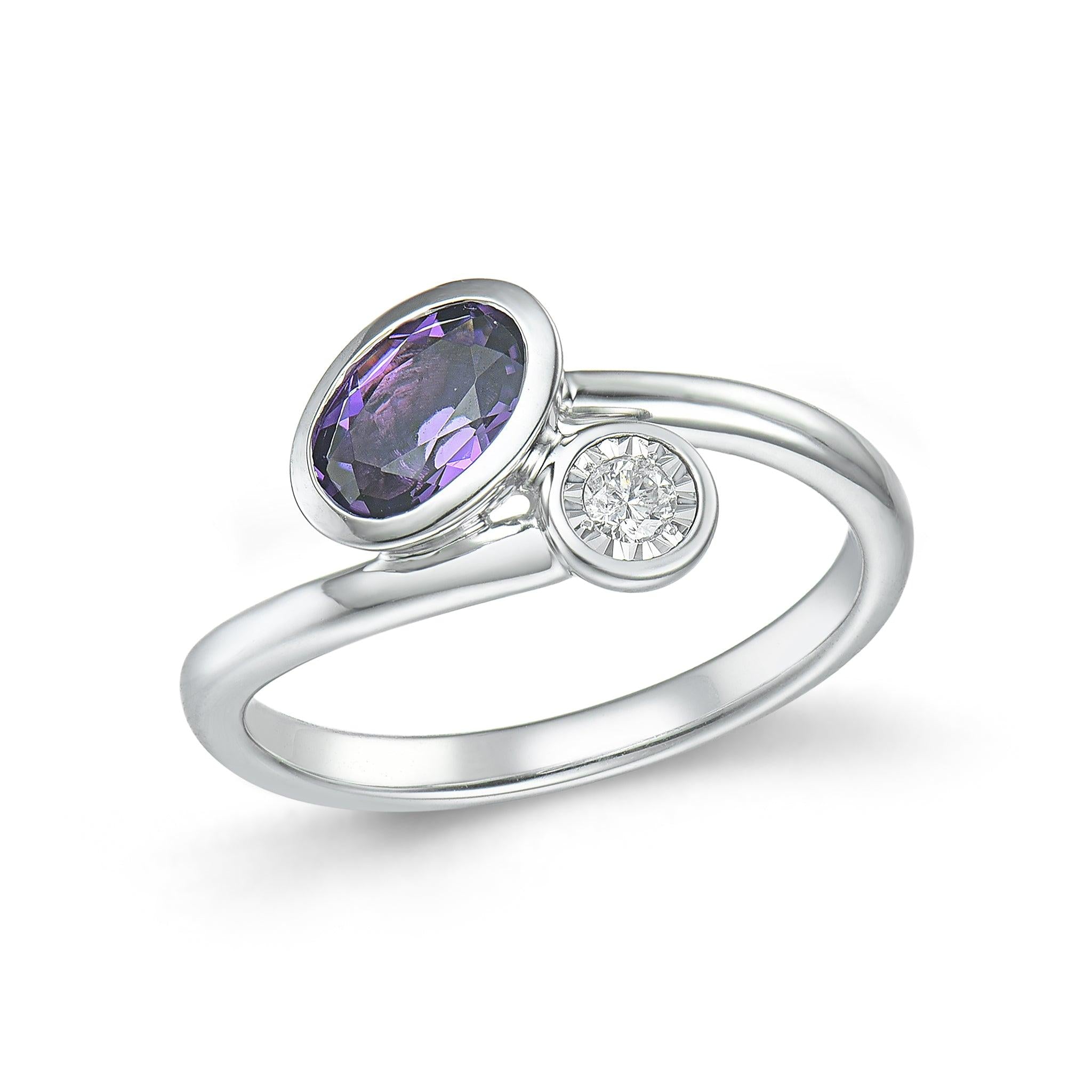 9ct White Gold Amethyst and Diamond 2 Stone Cross-over Ring