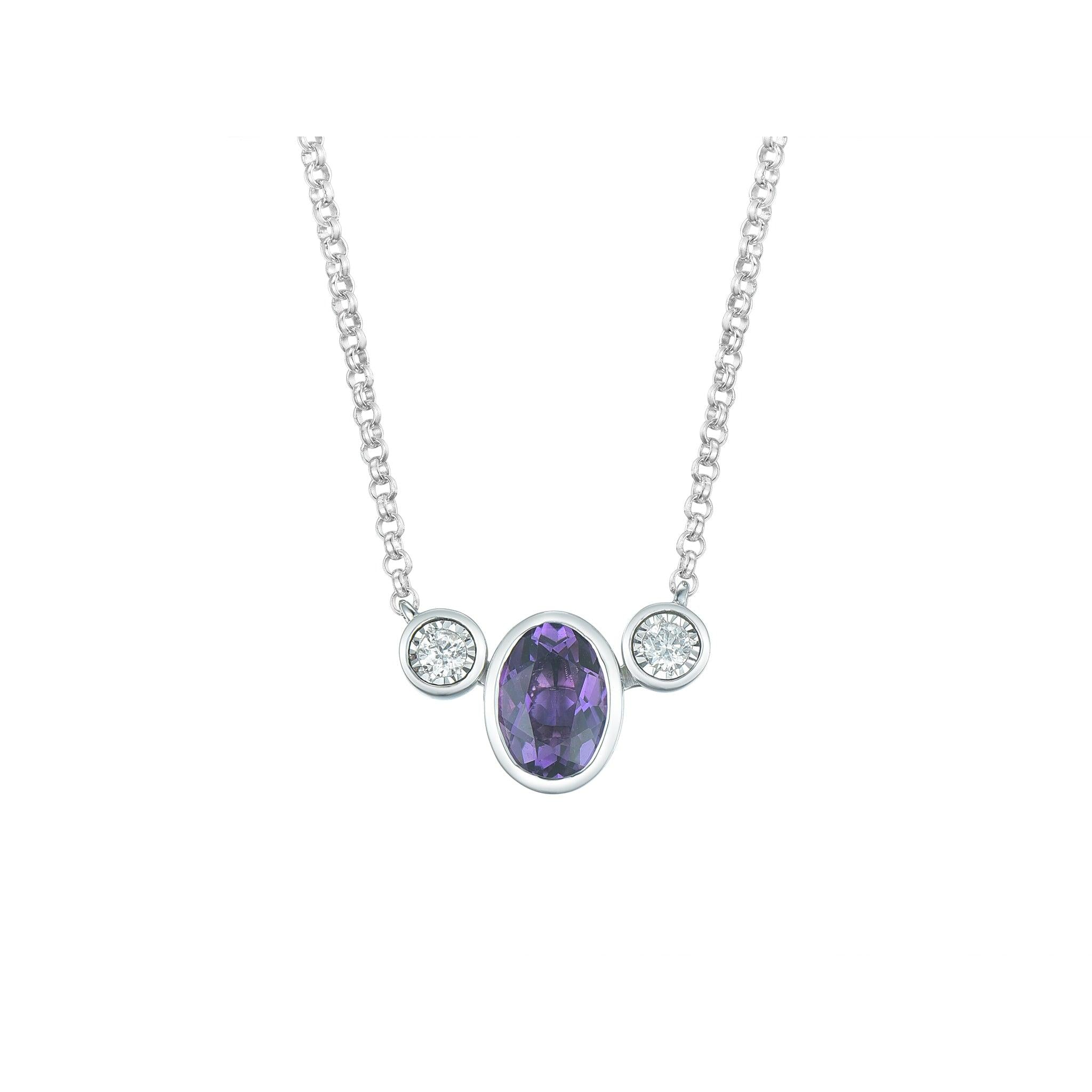 9ct White Gold Oval Amethyst and 2 Illusion set Diamond Pendant