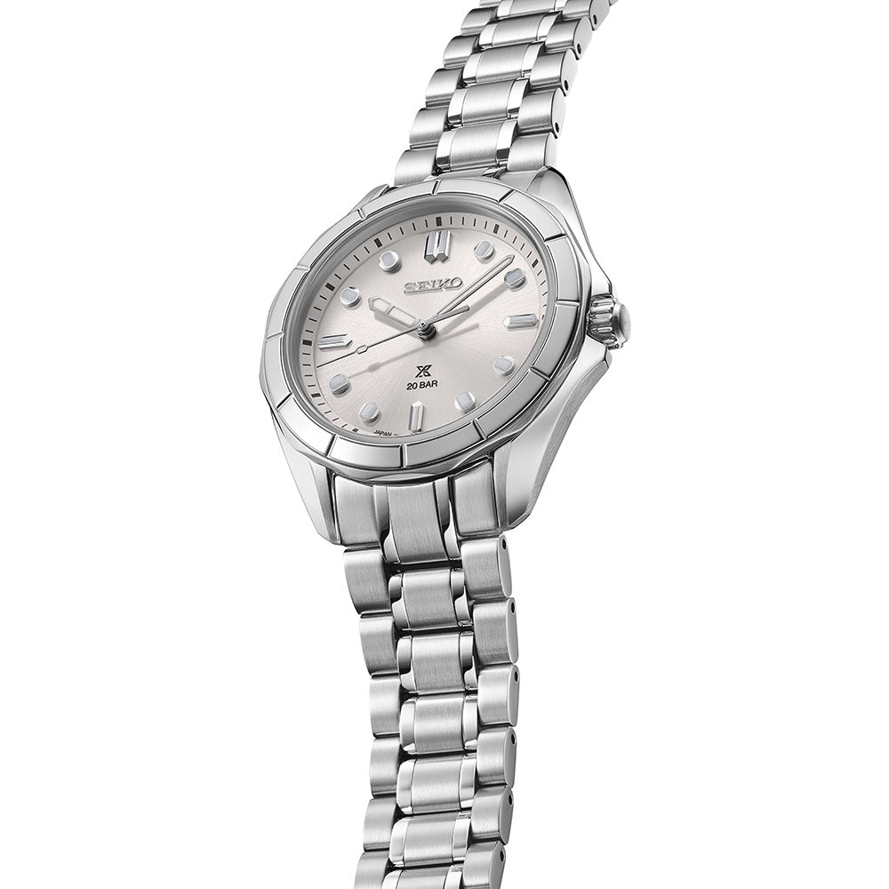 Seiko Prospex Ladies Marine Sports In Silvery Sands Quartz Watch. Silver Dial Stainless Steel Bracel