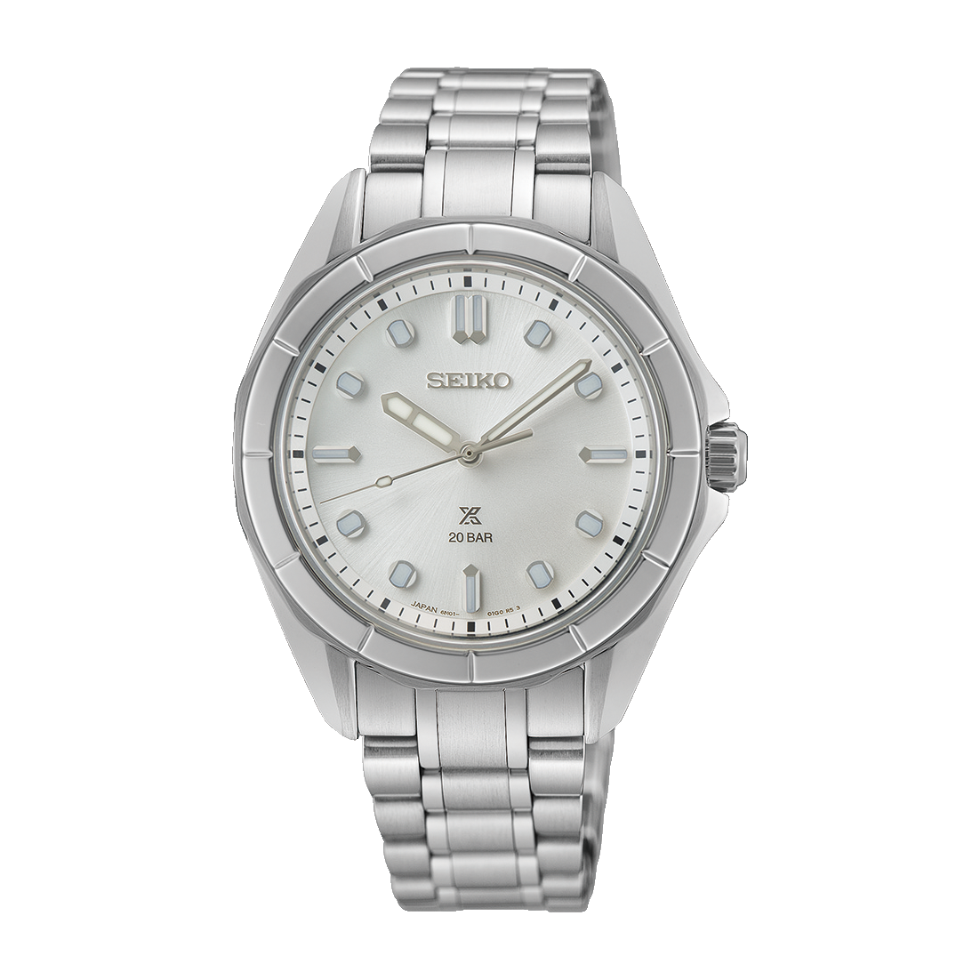 Seiko Prospex Ladies Marine Sports In Silvery Sands Quartz Watch. Silver Dial Stainless Steel Bracel