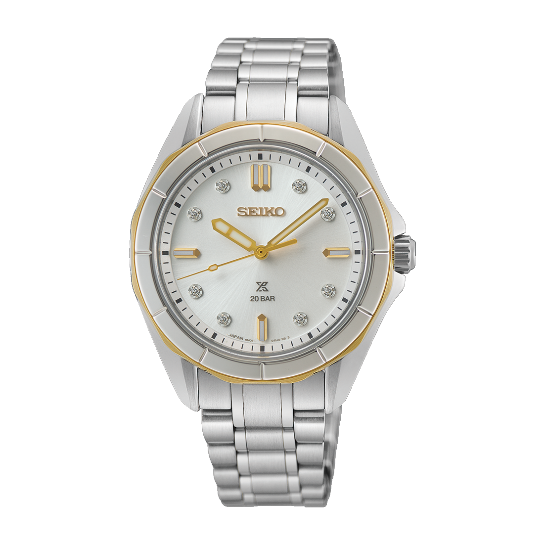 Seiko Prospex Ladies Marine Sports Diamond-Set in Dune & Dawn Quartz Watch. White Dial Stainless Ste