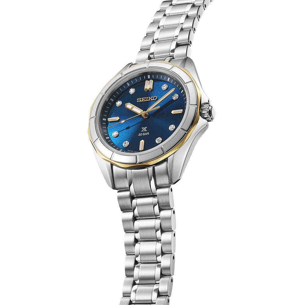 Seiko Prospex Ladies Marine Sports Diamond-Set in Nautical Navy Quartz Watch. Blue Dial Stainless St