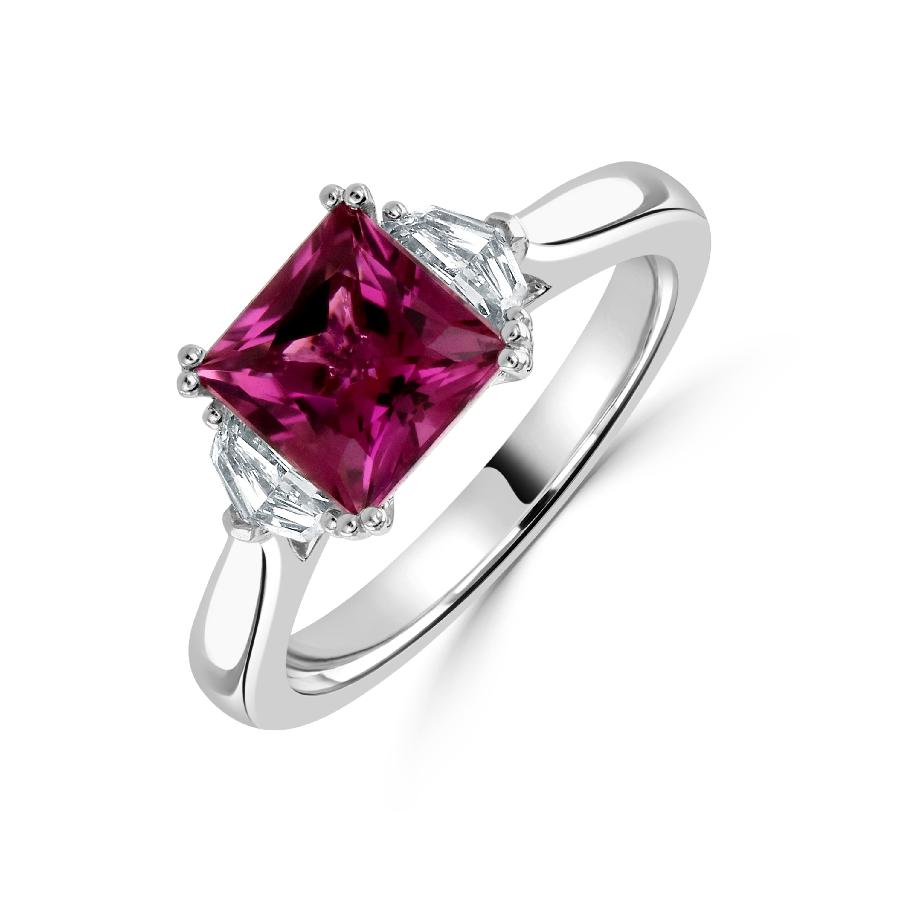 18ct White Gold Pink Tourmaline & Fancy Cut Diamond Trilogy Ring