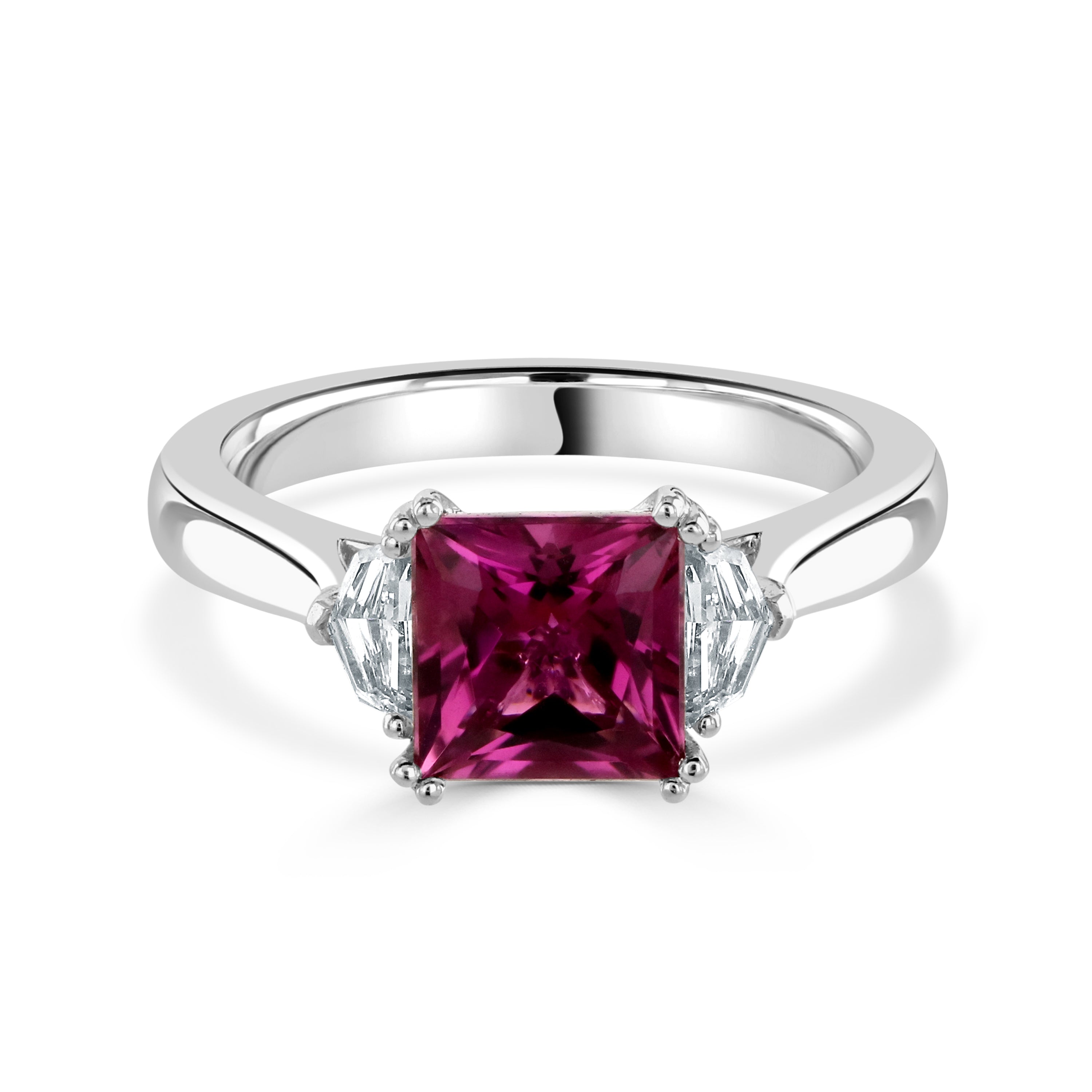 18ct White Gold Pink Tourmaline & Fancy Cut Diamond Trilogy Ring