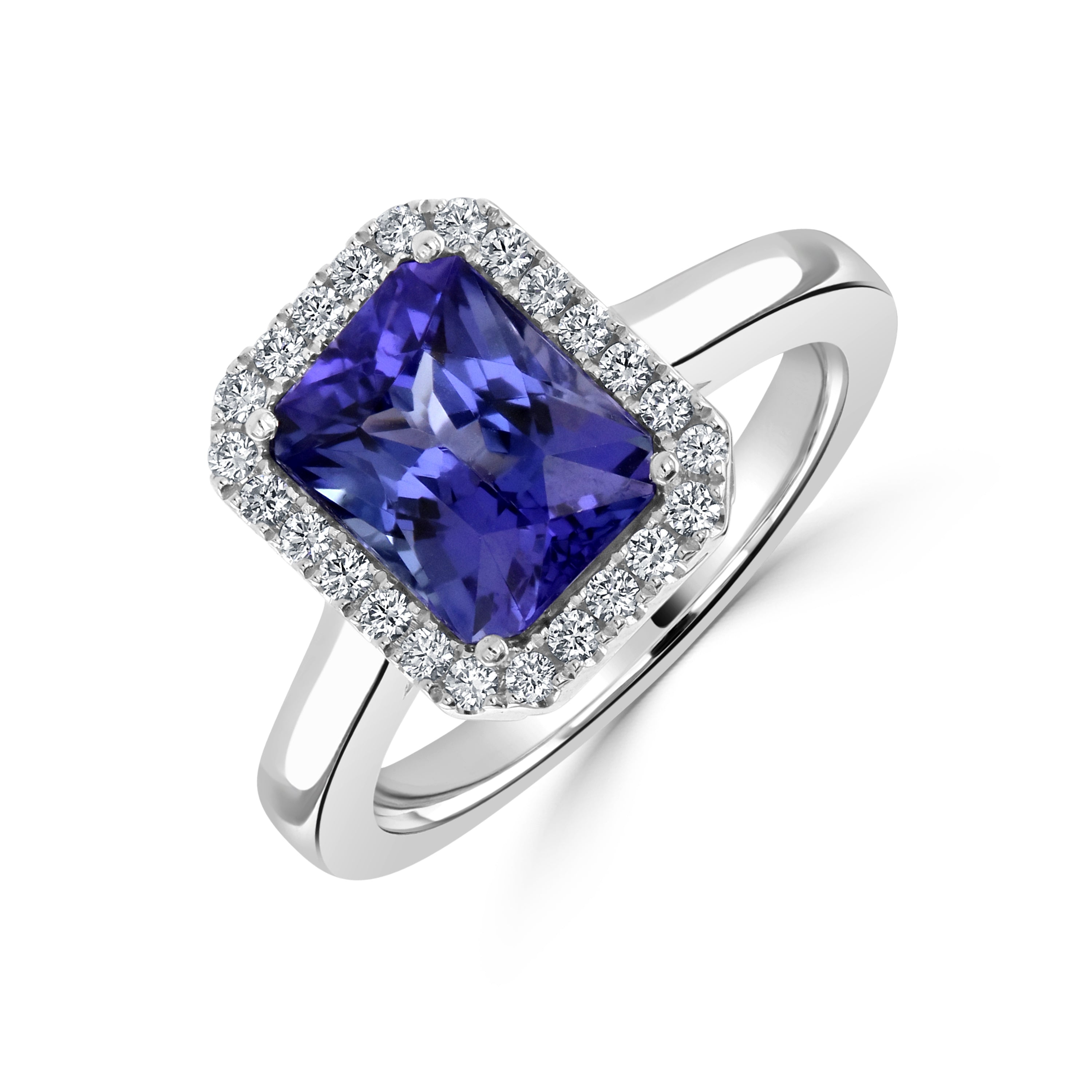 18ct White Gold Octagonal Cut Tanzanite & Diamond Halo Cluster Ring