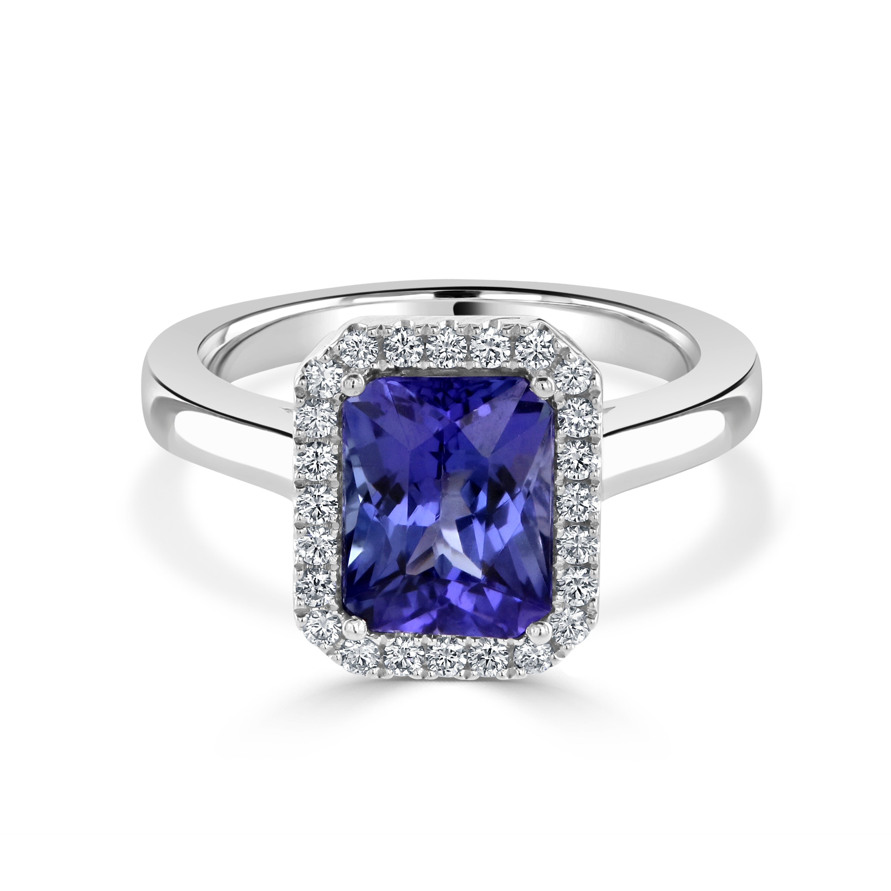 18ct White Gold Octagonal Cut Tanzanite & Diamond Halo Cluster Ring