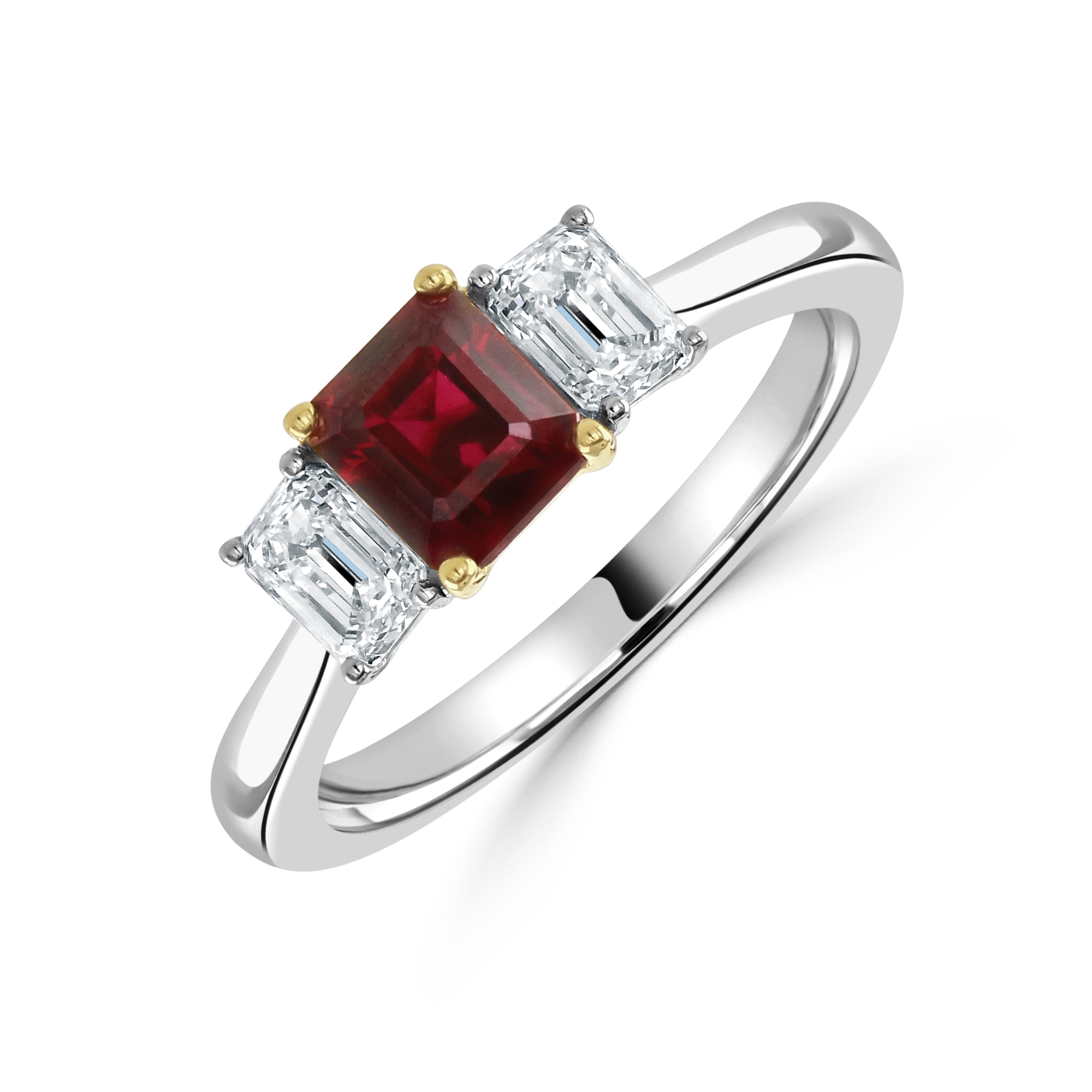 18ct Yellow & White Gold Octagonal Cut Ruby & Diamond Trilogy Ring
