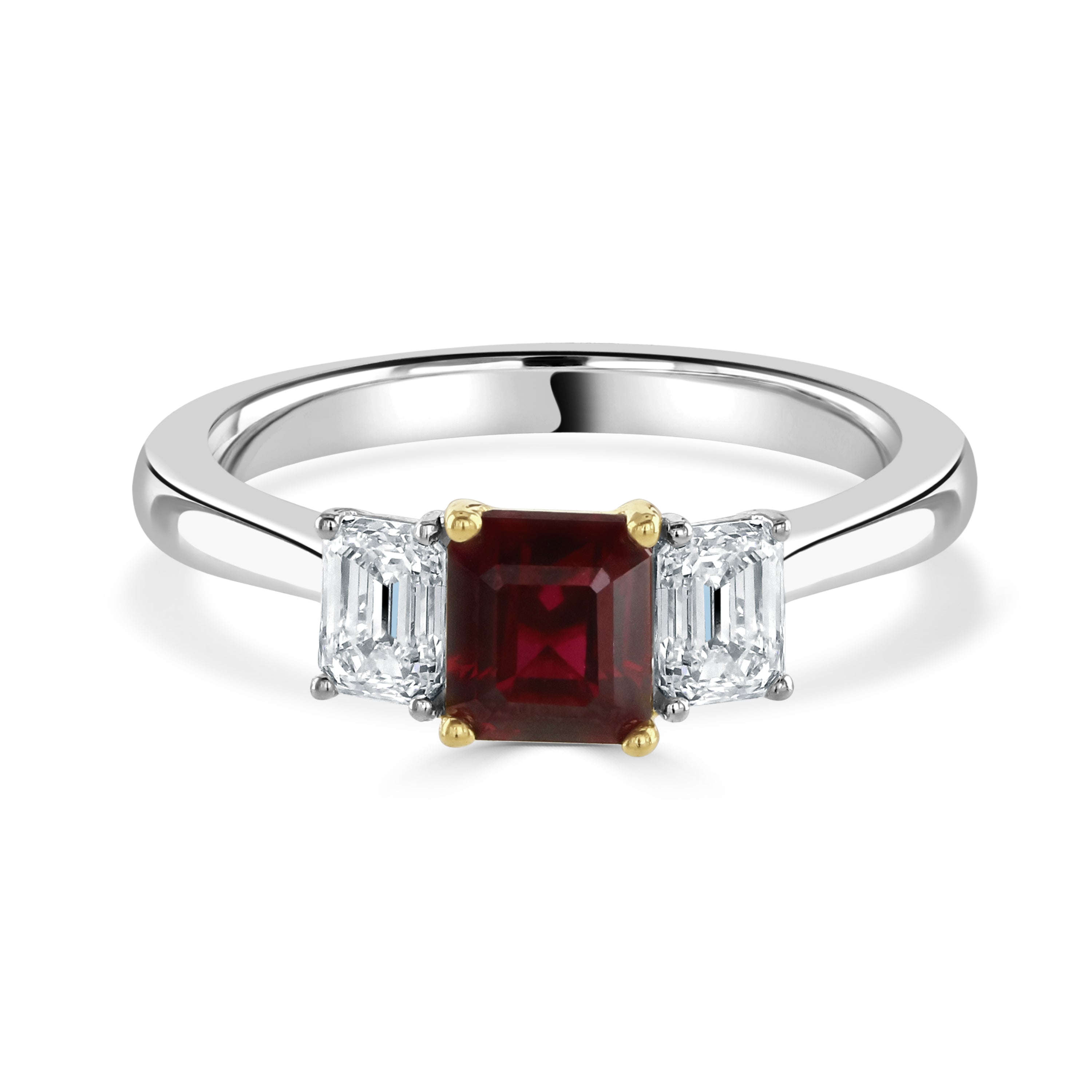 18ct Yellow & White Gold Octagonal Cut Ruby & Diamond Trilogy Ring