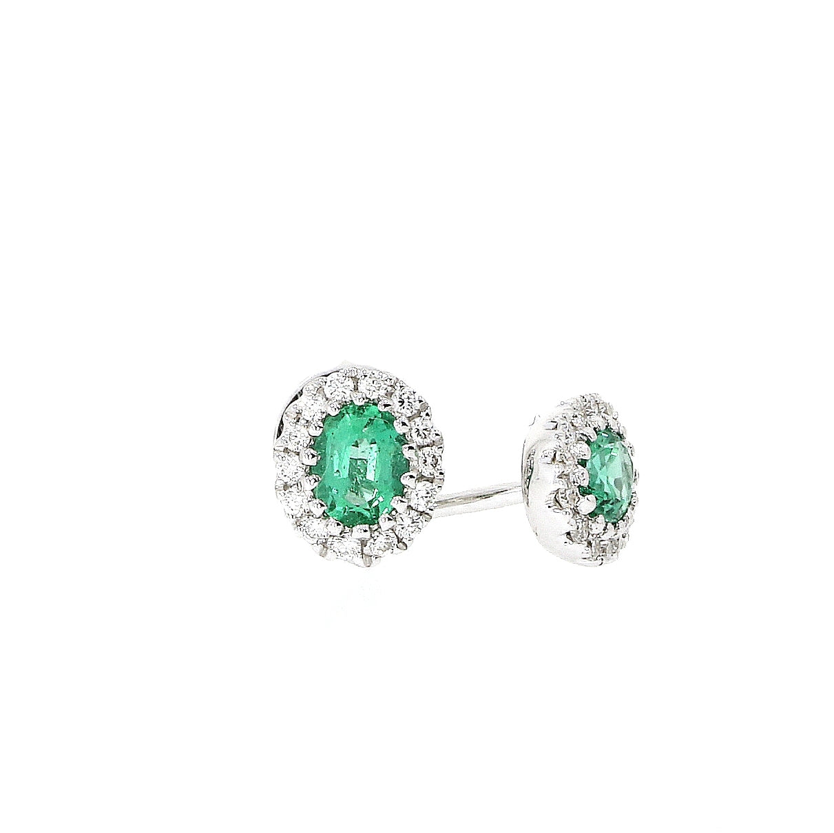 18ct White Gold Oval Emerald and Diamond Cluster Stud Earrings