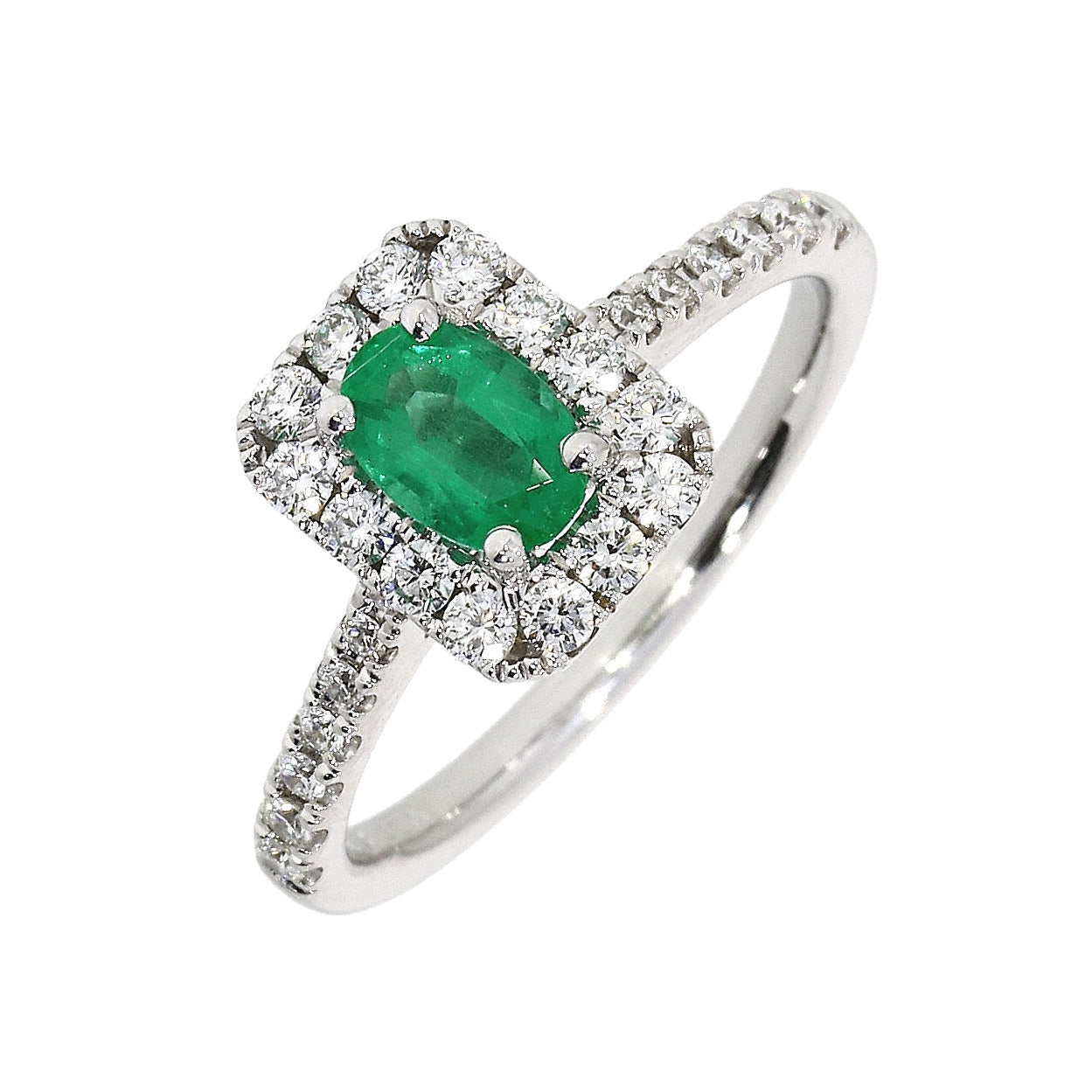 18ct White Gold Oval Emerald and Diamond Cluster Ring with Diamond Shoulders
