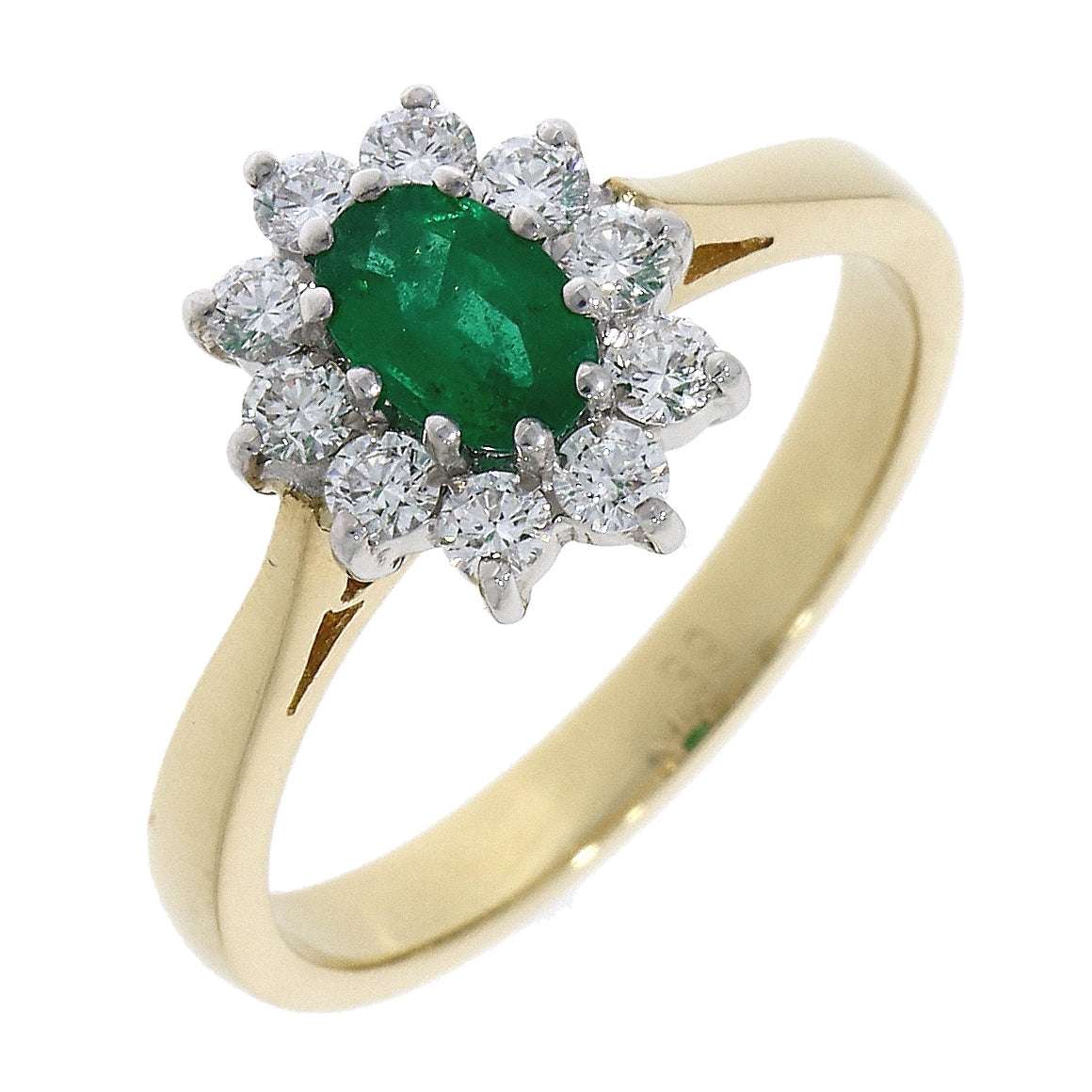 18ct Yellow Gold Oval Emerald and Diamond Cluster Ring