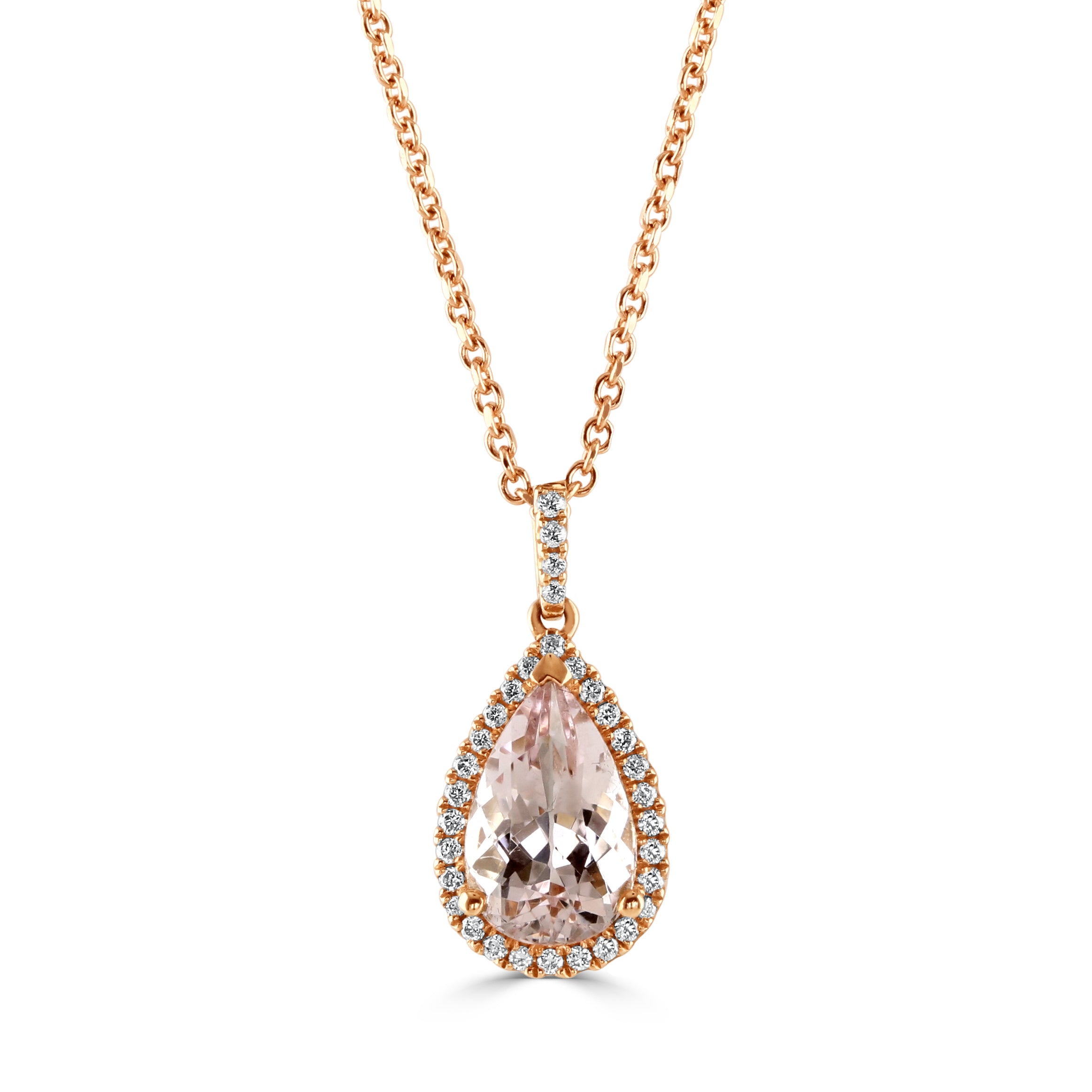 18ct Rose Gold Pear Morg & Diam cluster pnd with chain