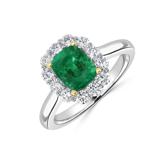 Platinum & 18ct Yellow Gold Cushion Cut Emerald & Diamond Halo Cluster Ring