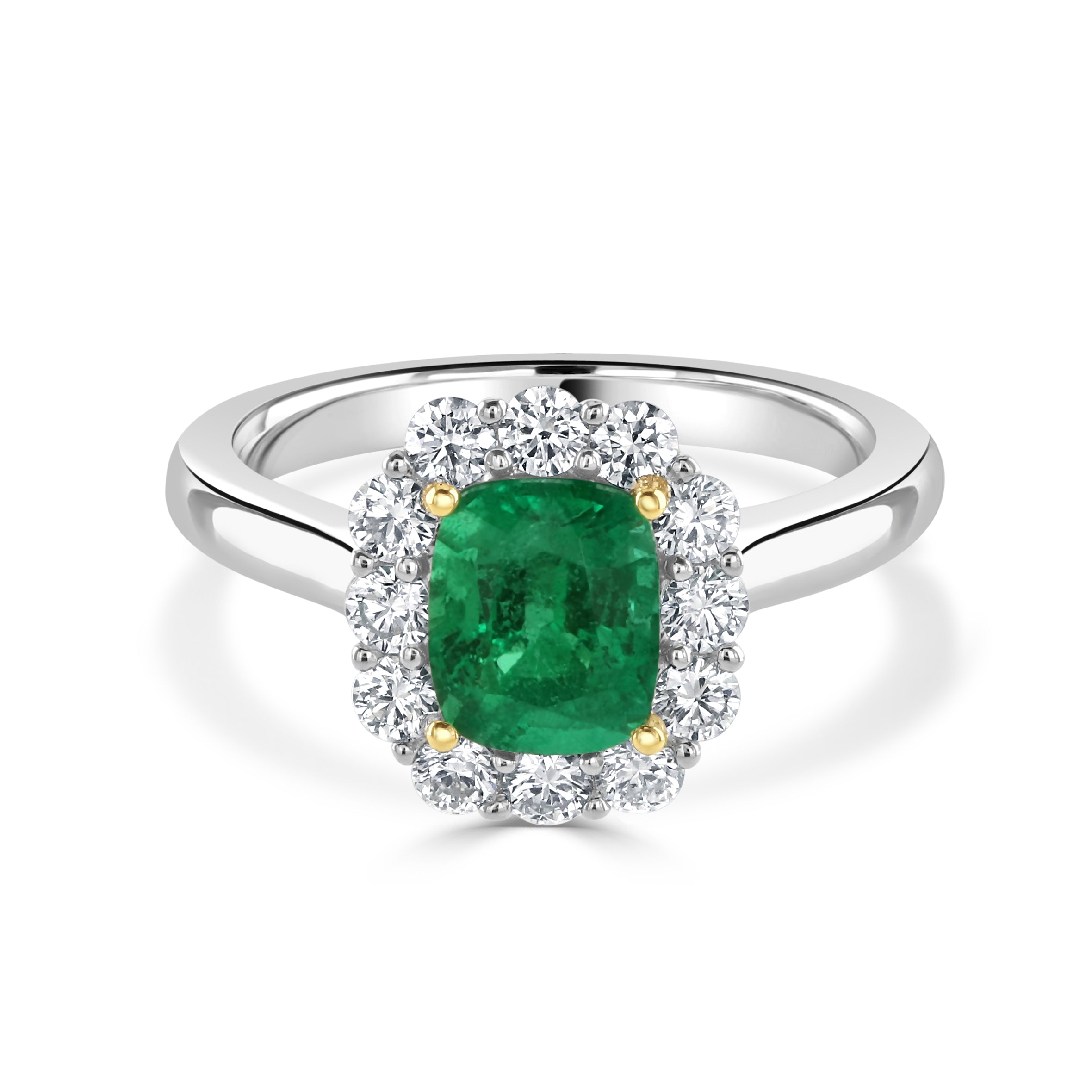 Platinum & 18ct Yellow Gold Cushion Cut Emerald & Diamond Halo Cluster Ring