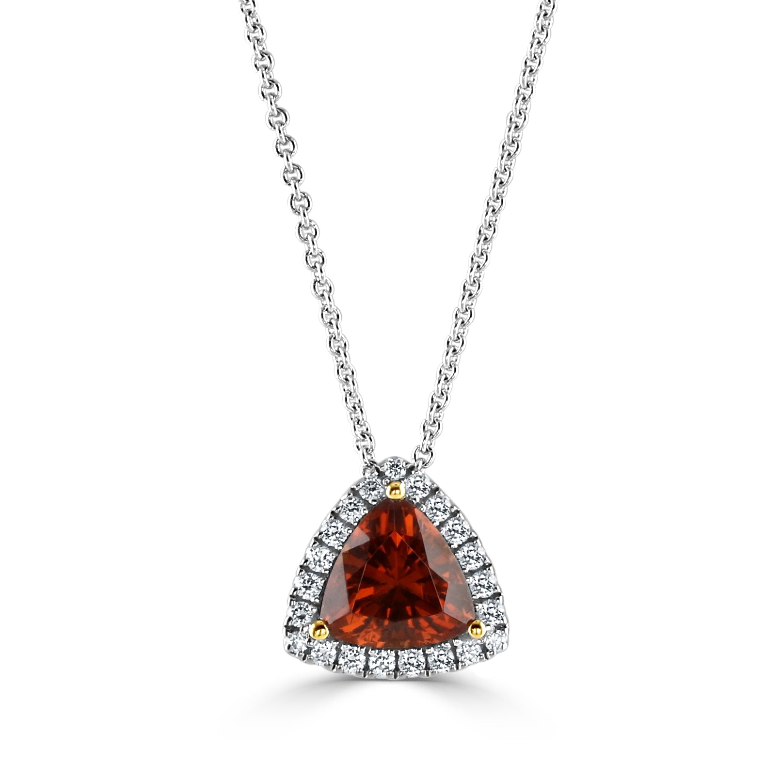 18ct Yellow & White Gold Triangular Orange Garnet & Diamond Halo Cluster Ring
