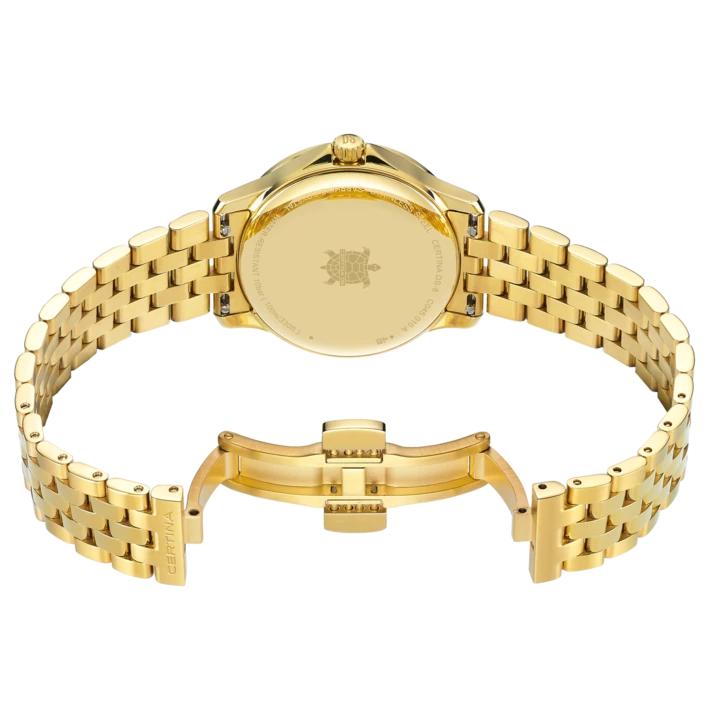 Certina DS-8 Lady 31mm Quartz Watch. Gold Dial Gold PVD Bracelet.