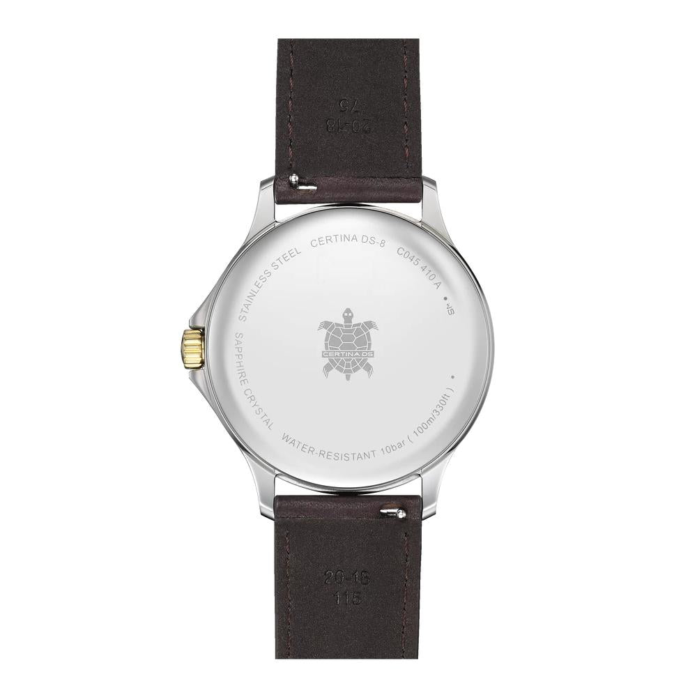 Certina DS-8 Quartz Watch. White Dial Gold Bezel/Crown, Black Leather Strap.
