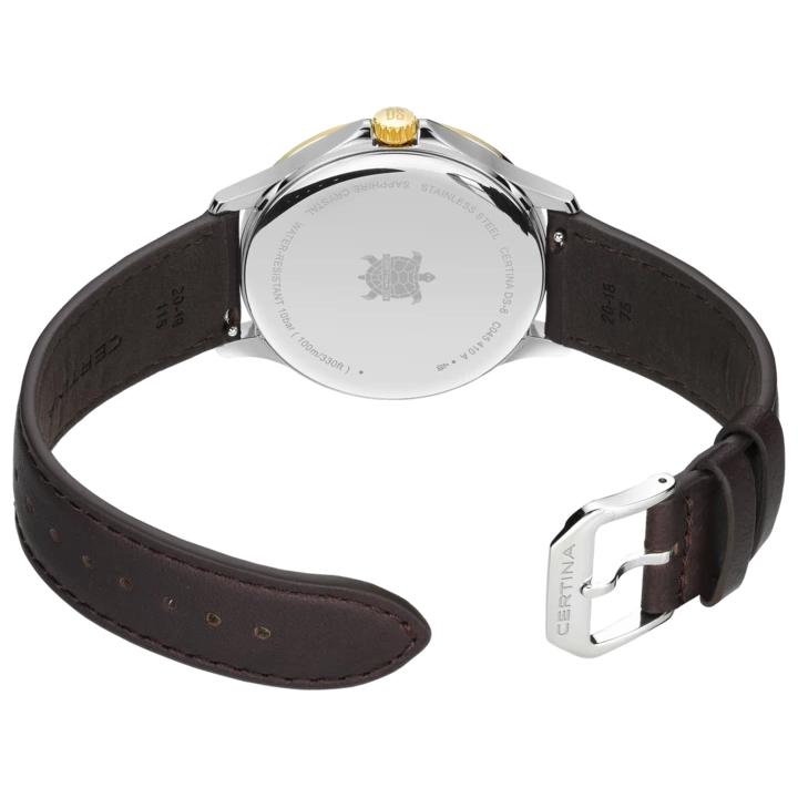 Certina DS-8 Quartz Watch. White Dial Gold Bezel/Crown, Black Leather Strap.