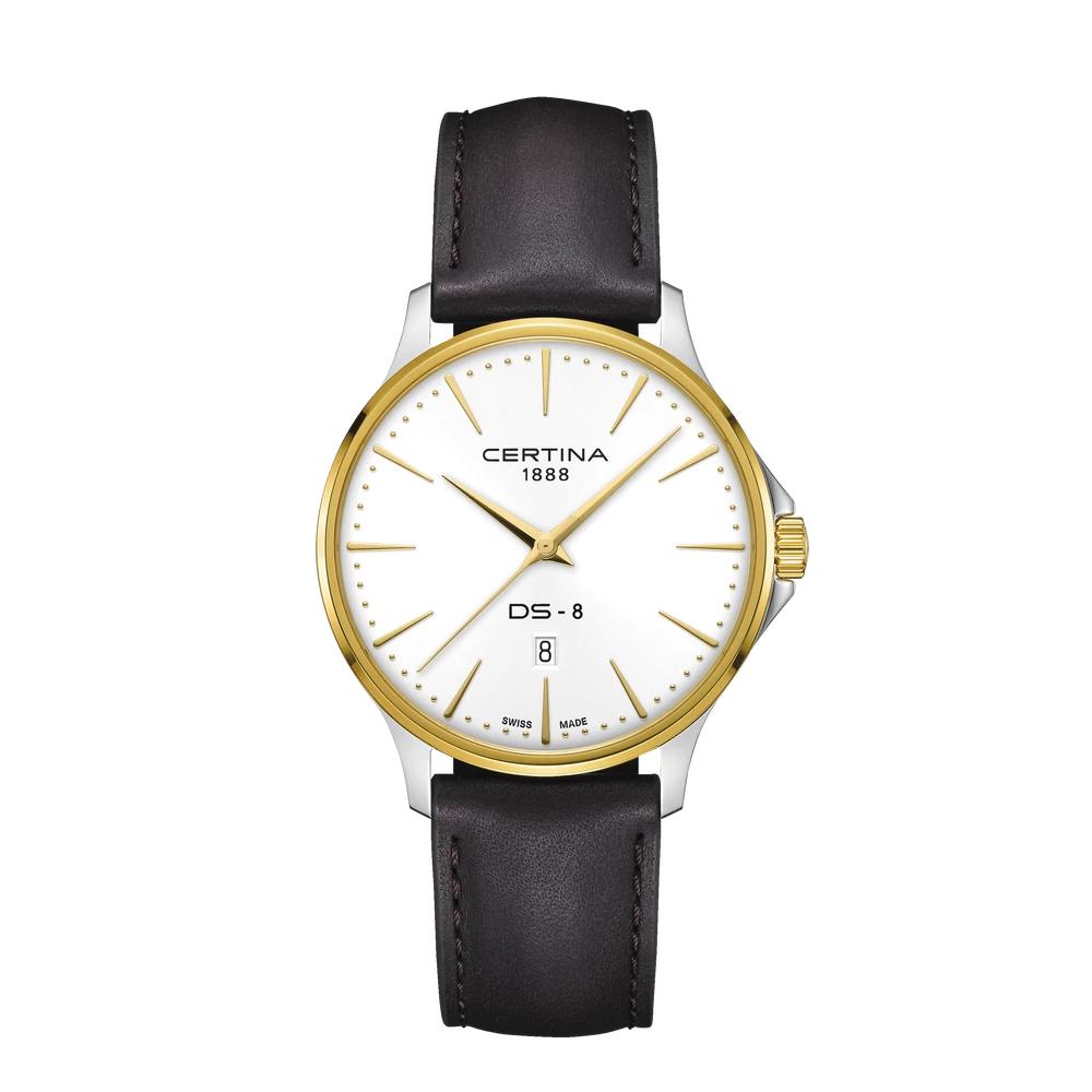 Certina DS-8 Quartz Watch. White Dial Gold Bezel/Crown, Black Leather Strap.