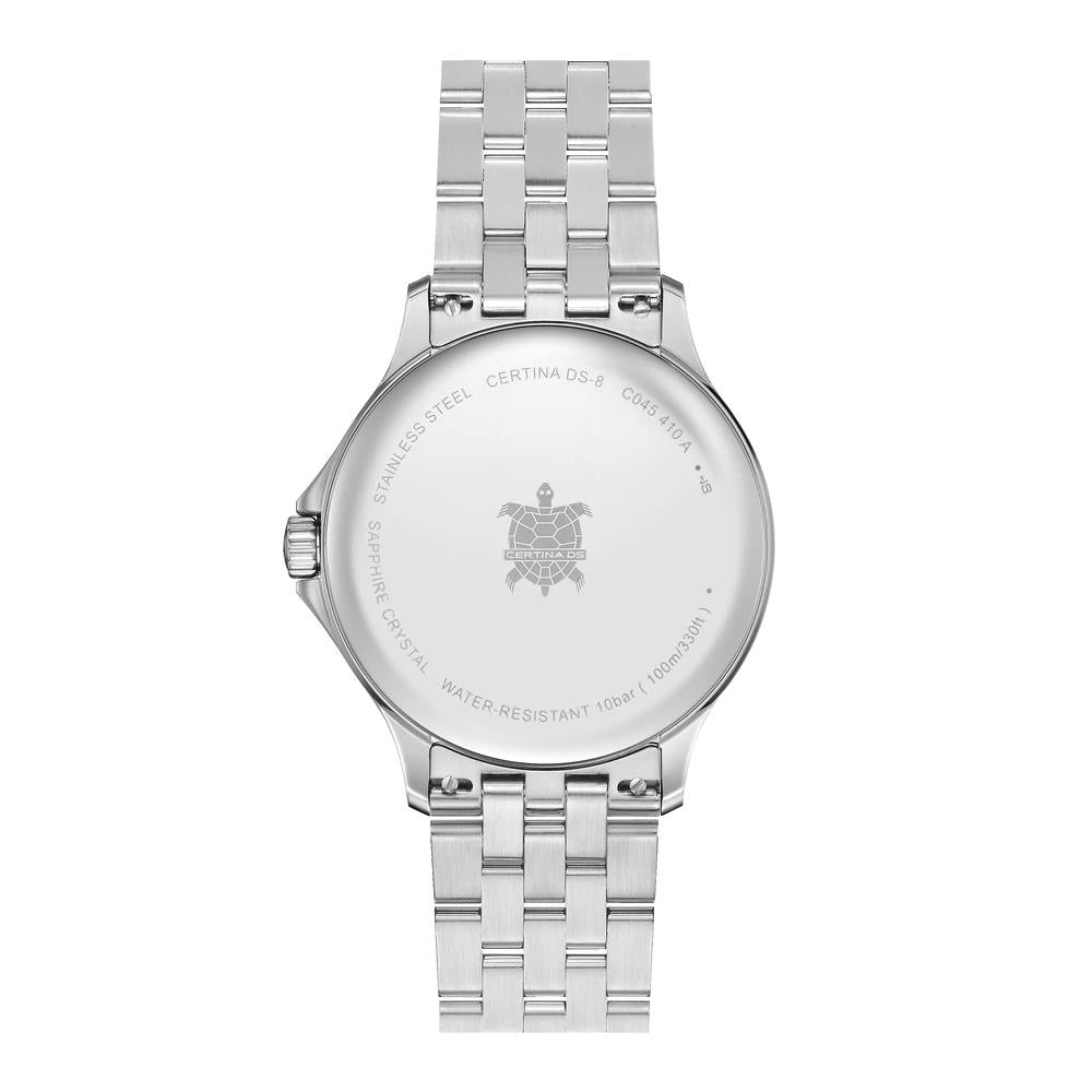 Certina DS-8 Quartz Watch. Black Dial Stainless Steel Bracelet.