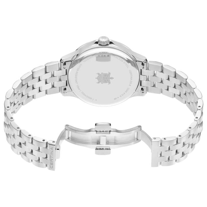 Certina DS-8 Quartz Watch. Black Dial Stainless Steel Bracelet.