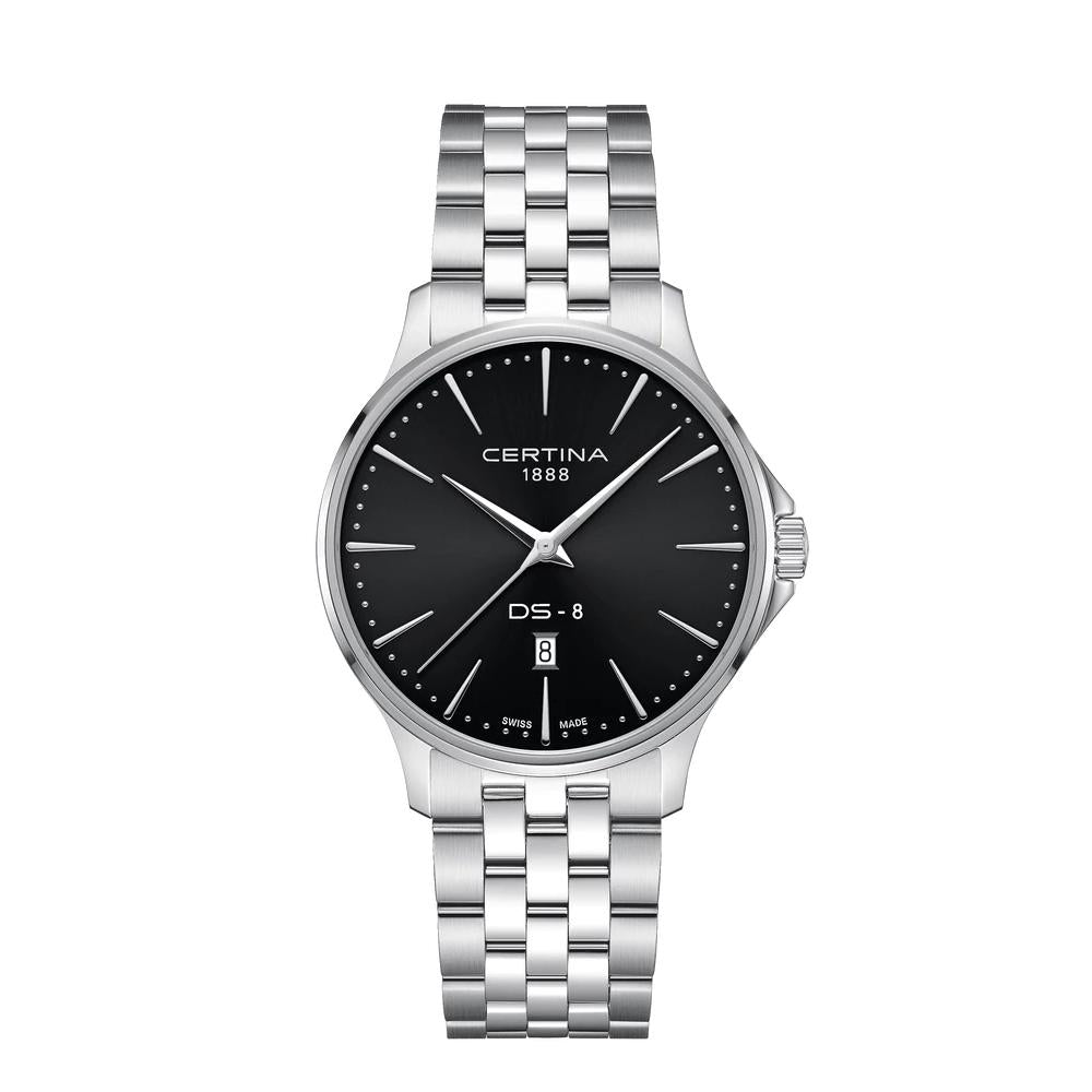 Certina DS-8 Quartz Watch. Black Dial Stainless Steel Bracelet.