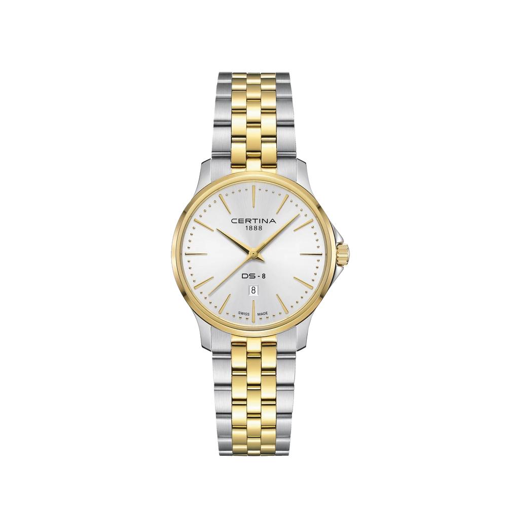 Certina DS-8 Lady 31mm Quartz Watch. White Dial, Gold PVD and Stainless Steel Bracelet.