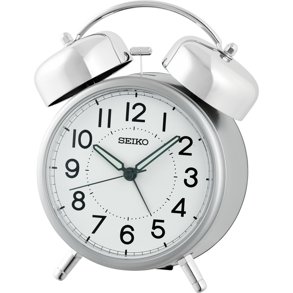 Seiko Silver Cased Bell Alarm Clock. White Dial, Arabic Numbers