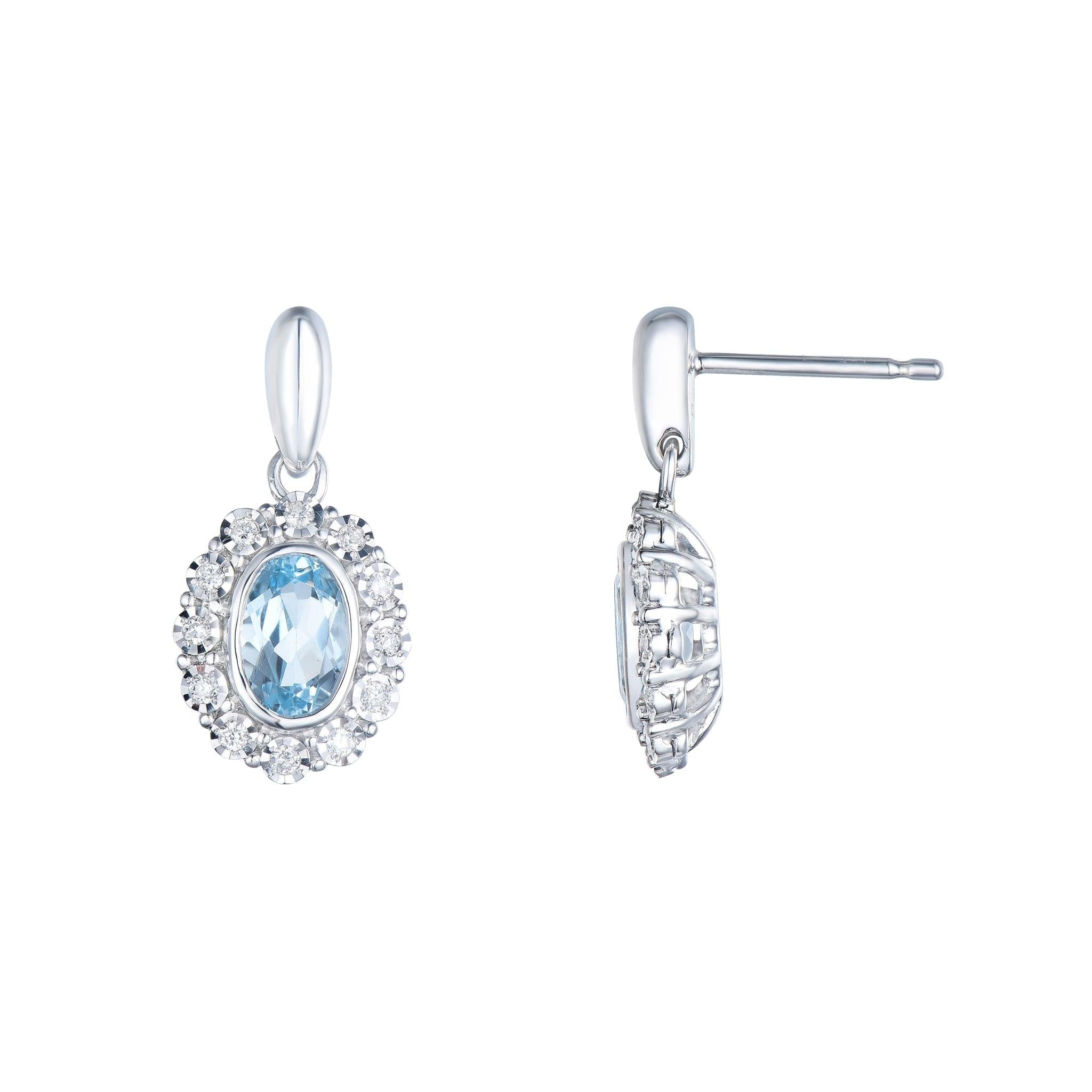 9ct White Gold Oval Blue Topaz and Illusion Set Diamond Cluster Drop Earrings